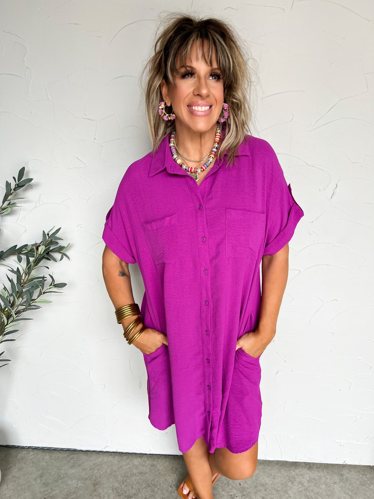 Blooming Joy Button Up Shirt Dress- Magenta