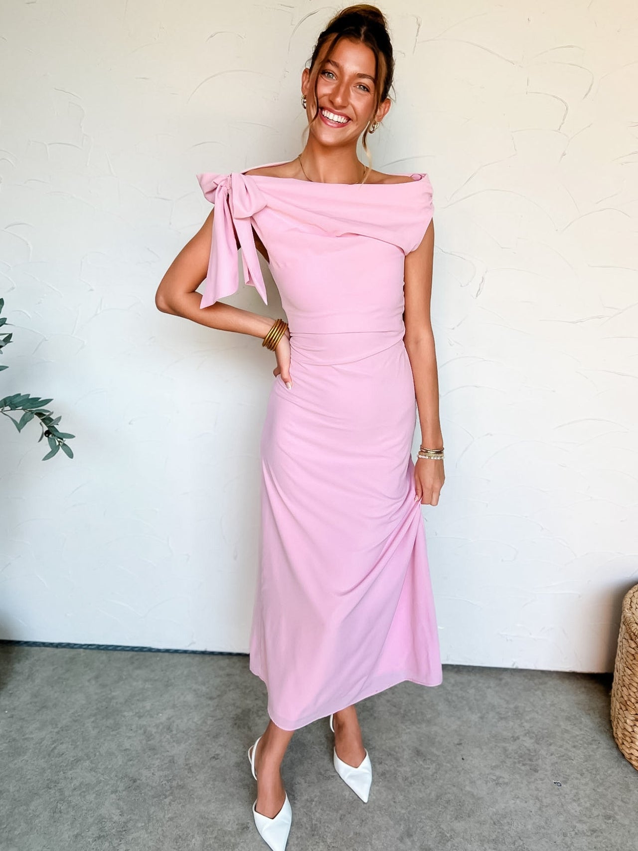 Be My Guest One Shoulder Midi Dress- Pink