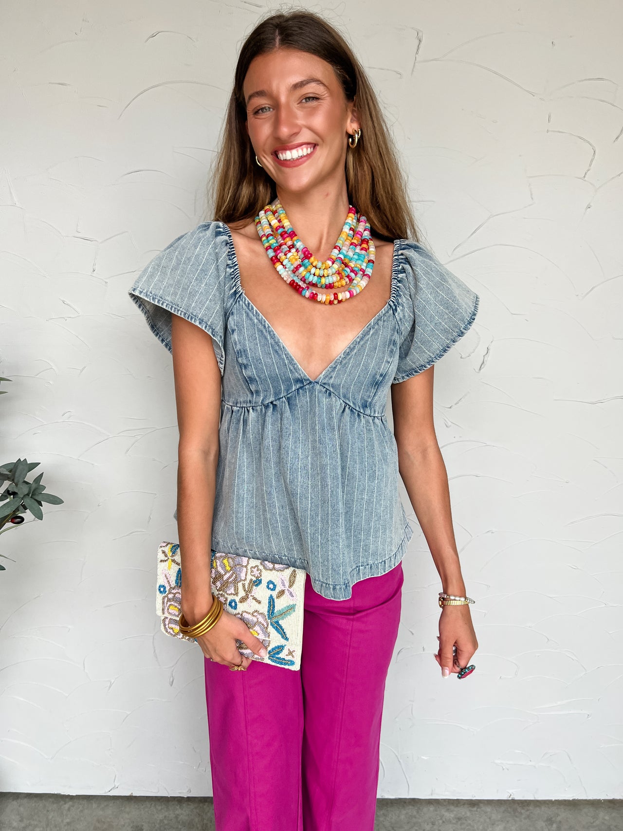 Weekend Ready Denim Stripe Babydoll Top