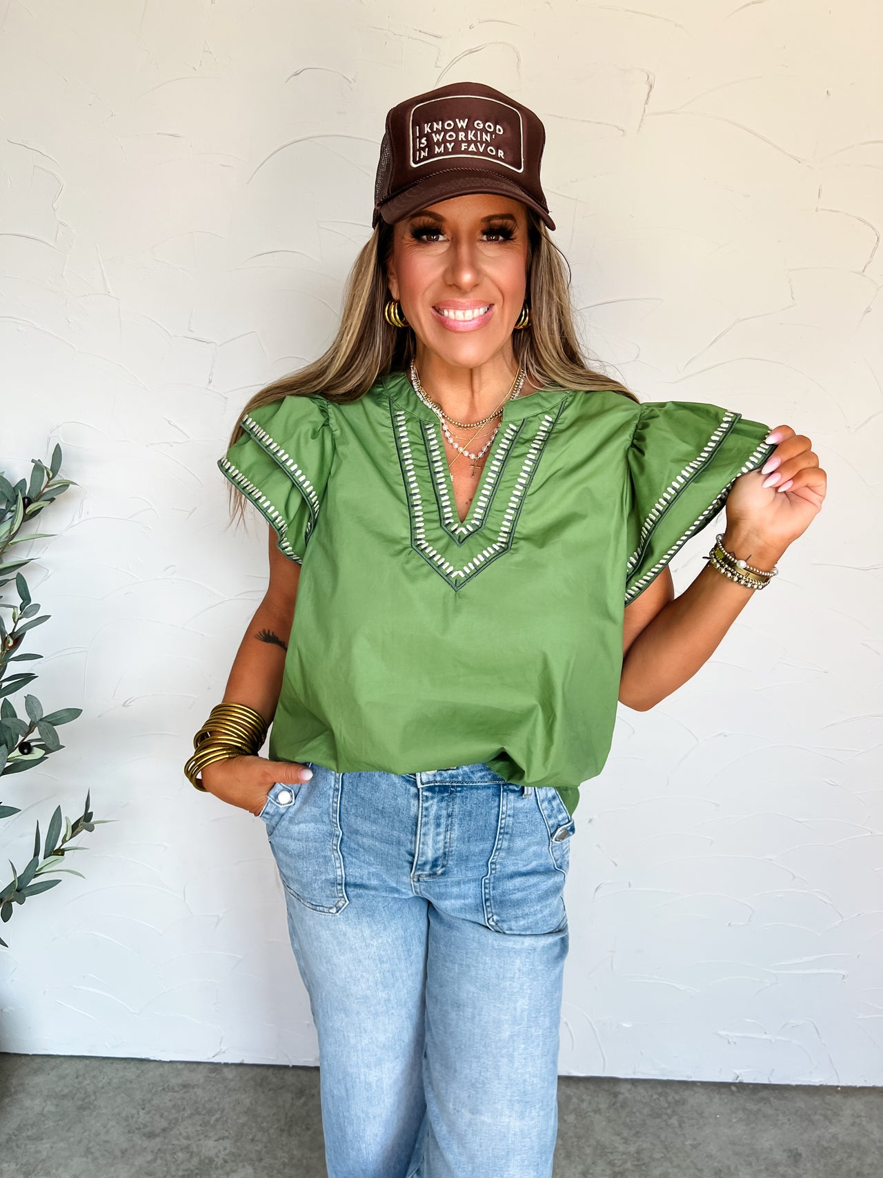 Cue The Charm Flutter Sleeve Top- Olive