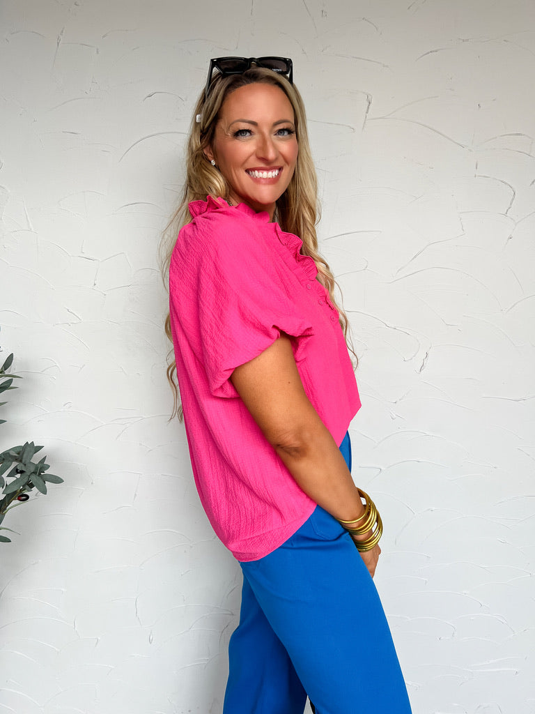 Out Of Sight Ruffle Neck Tunic Top- Fuchsia