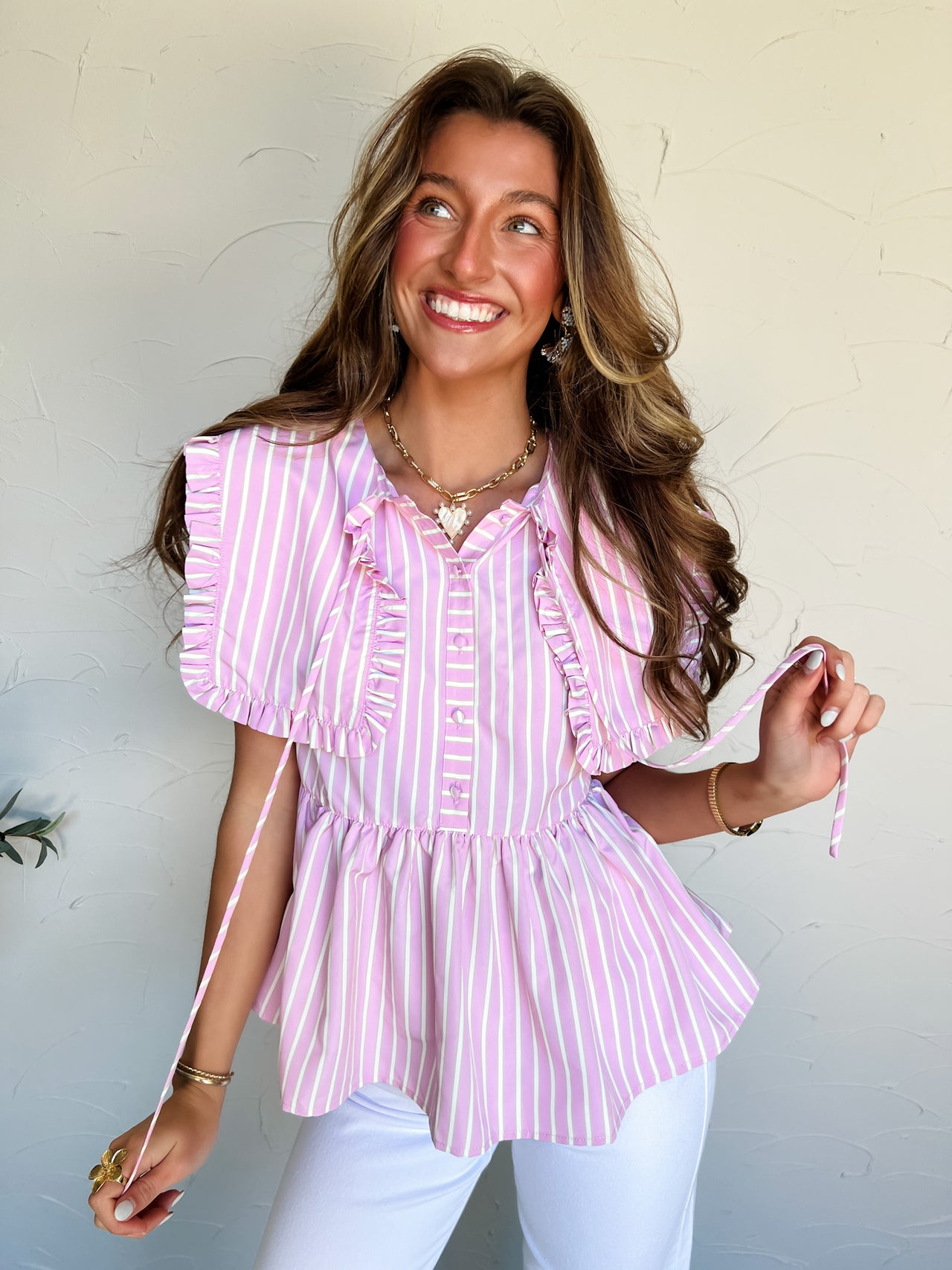 Easy Days Are Here Sailor Collar Stripe Babydoll Top- Pink/Lime