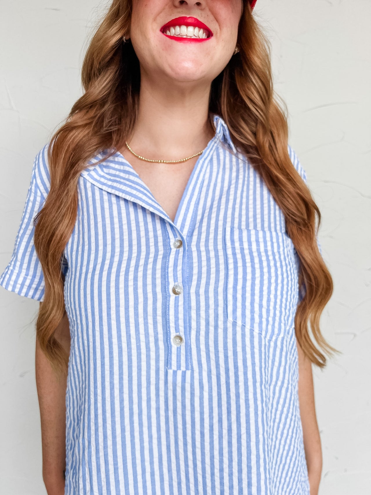 Live in Color Striped Seersucker Shirt Dress- Light Blue/White