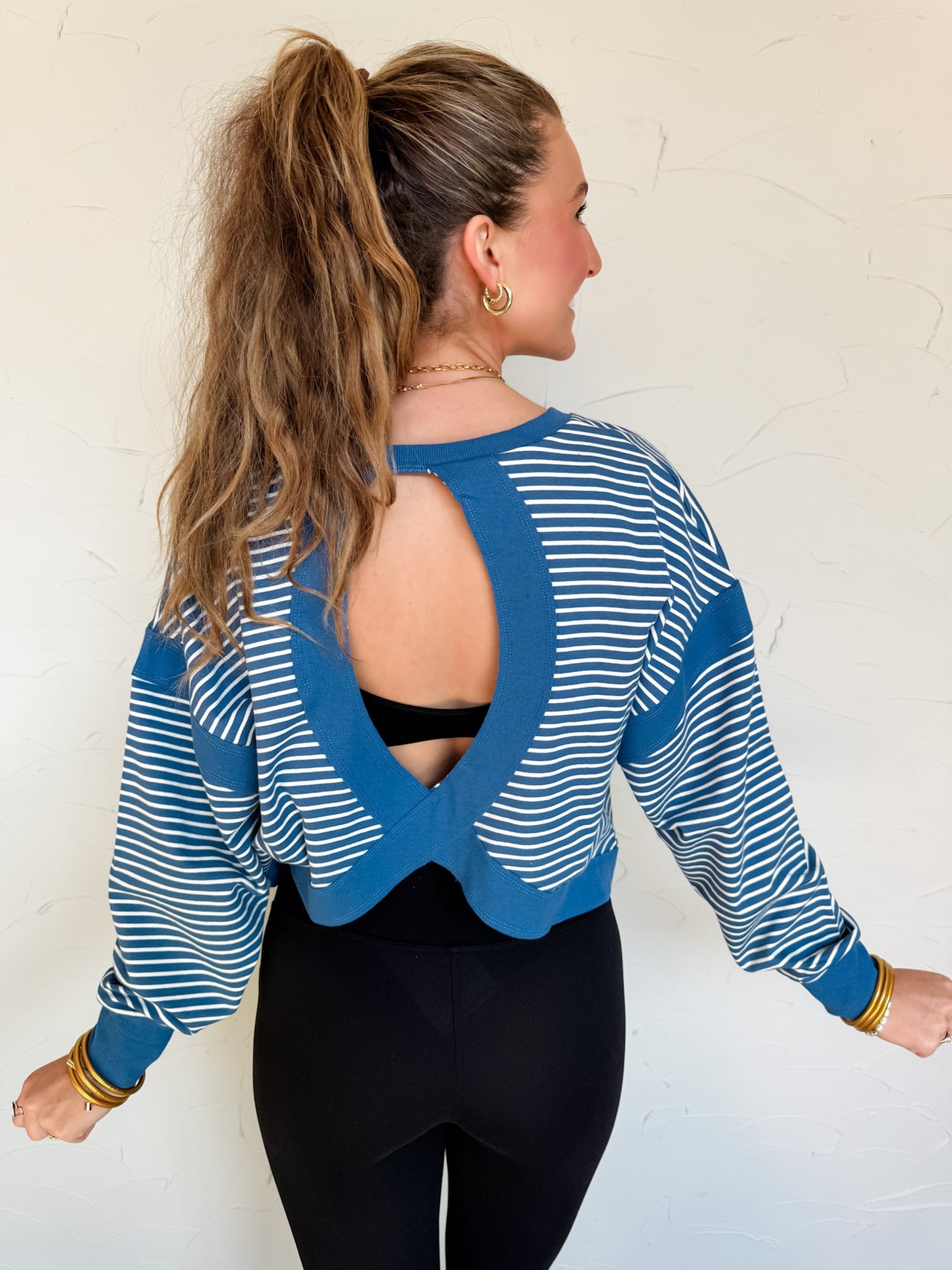 So Dreamy Striped Cutout Back Sweatshirt- Blue/White