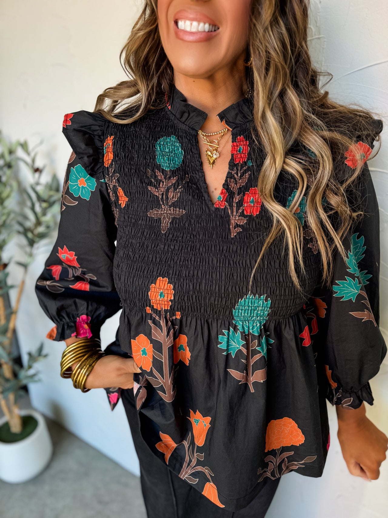 A Cold Snap Smocked Bodice Floral Top