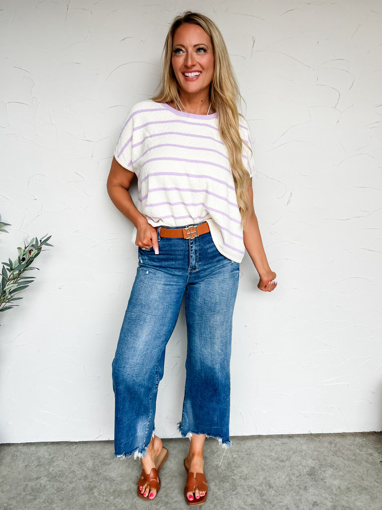 A Good Sign Striped Oversized Knit Top- Lavender