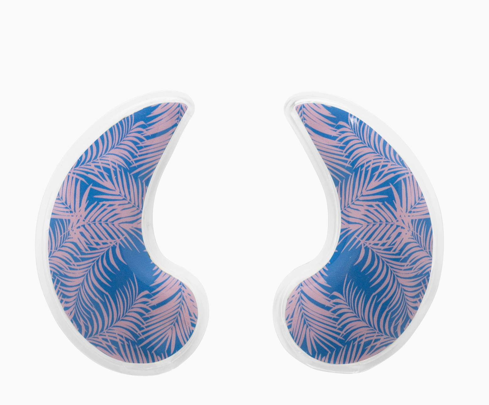 Two crescent-shaped gel pads with a blue and pink palm leaf pattern, outlined in white, shown on a plain white background.