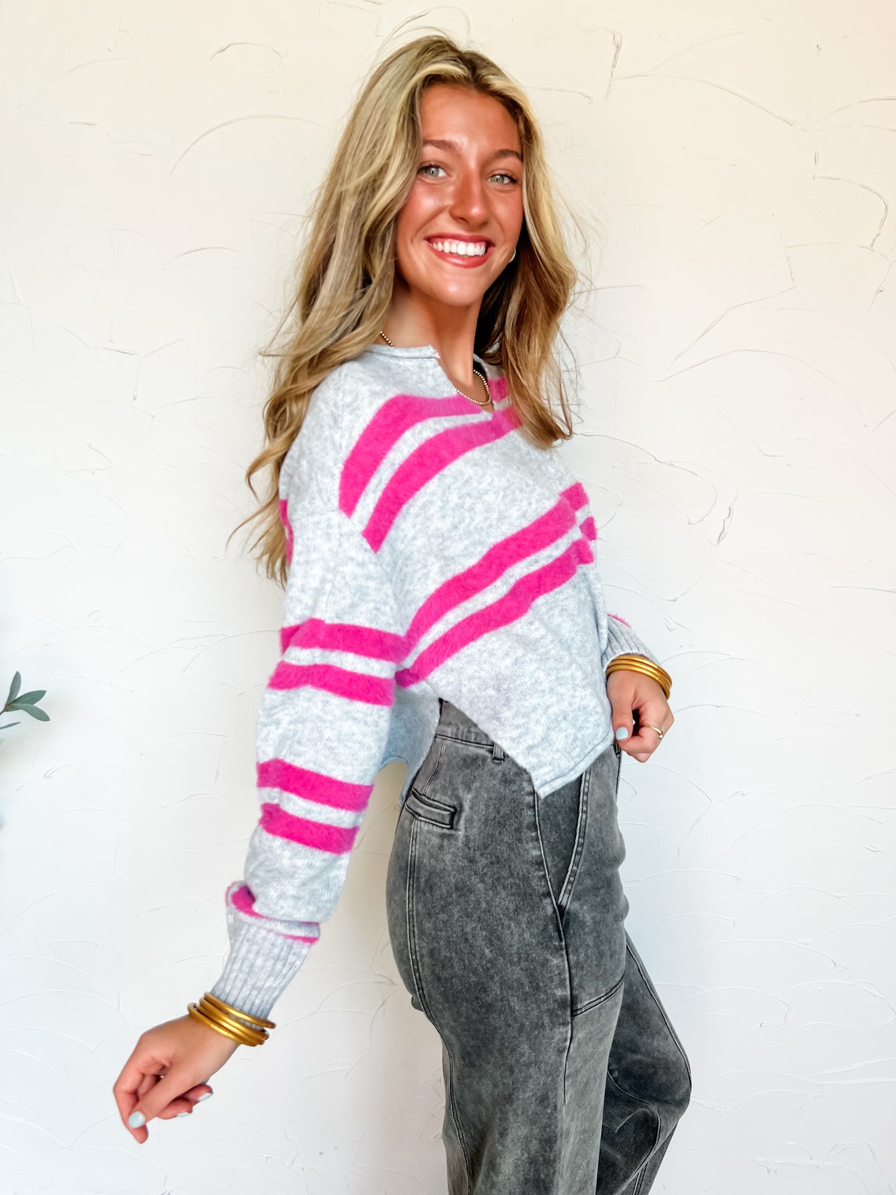 Into The Unknown 3D Stripe Crop Sweater- Grey/Fuchsia