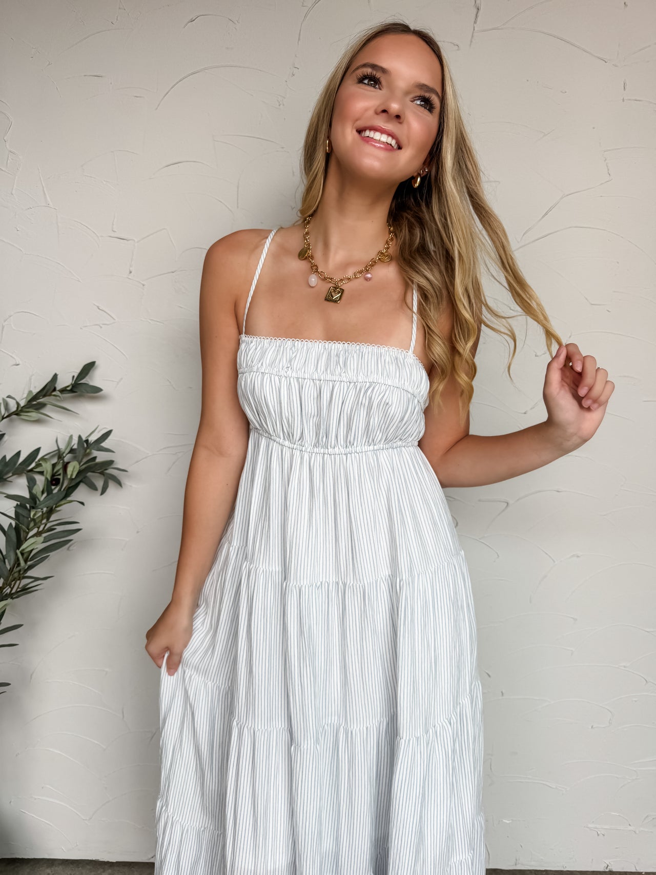 An Easy Yes Stripe Tiered Midi Dress- Denim