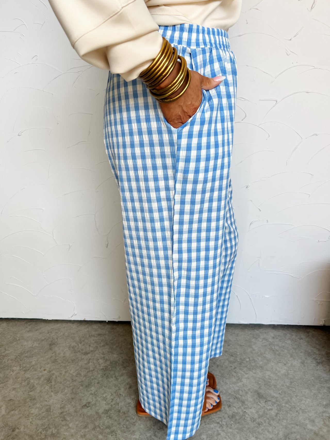 Let's Hit The Road Elastic Waist Checkered Casual Pants- Blue