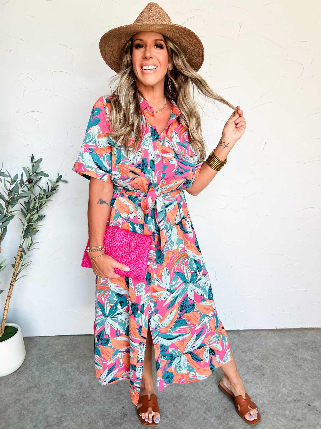 Live More Tropical Belted Midi Dress