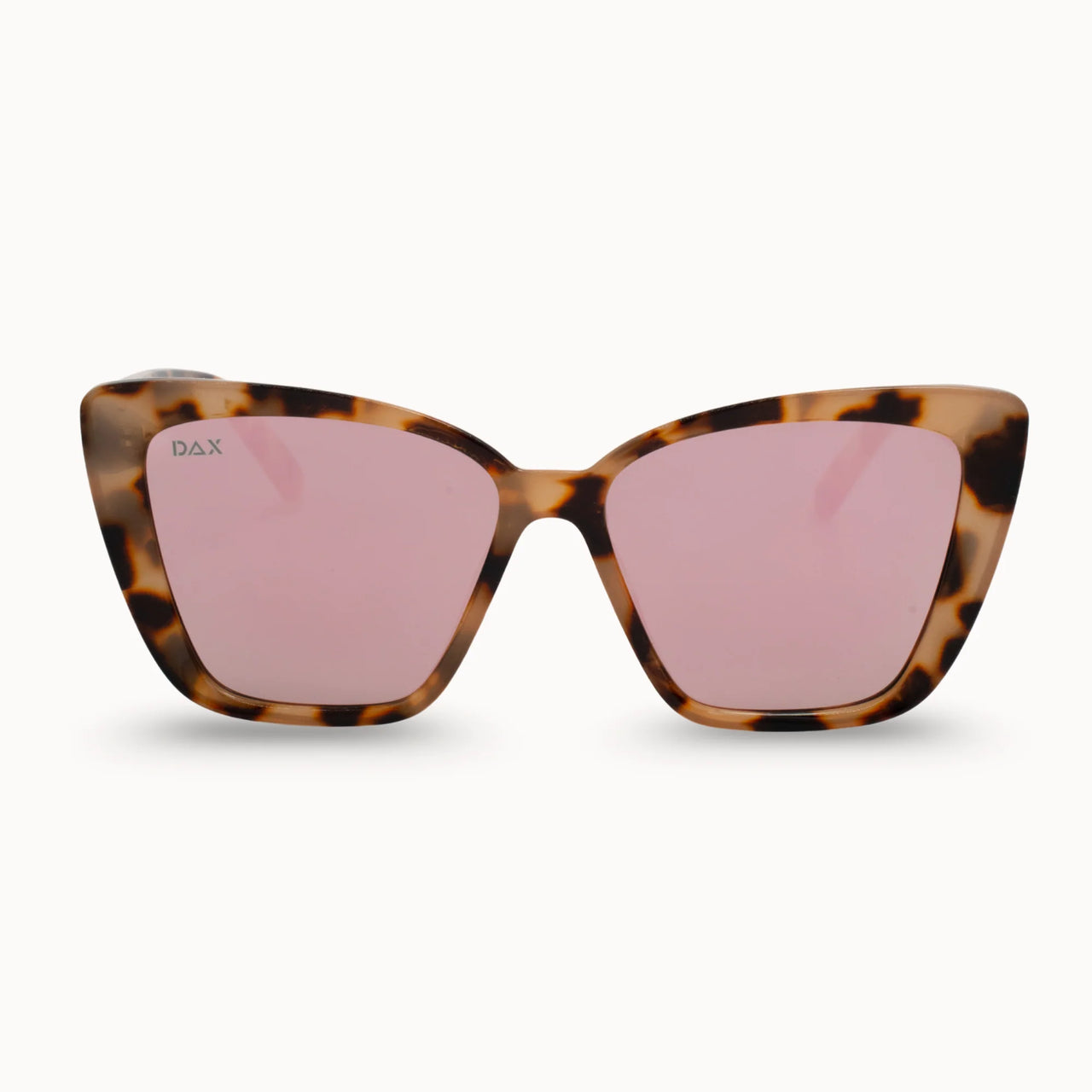 Cat-eye sunglasses with tortoiseshell frame and pink lenses on a white background