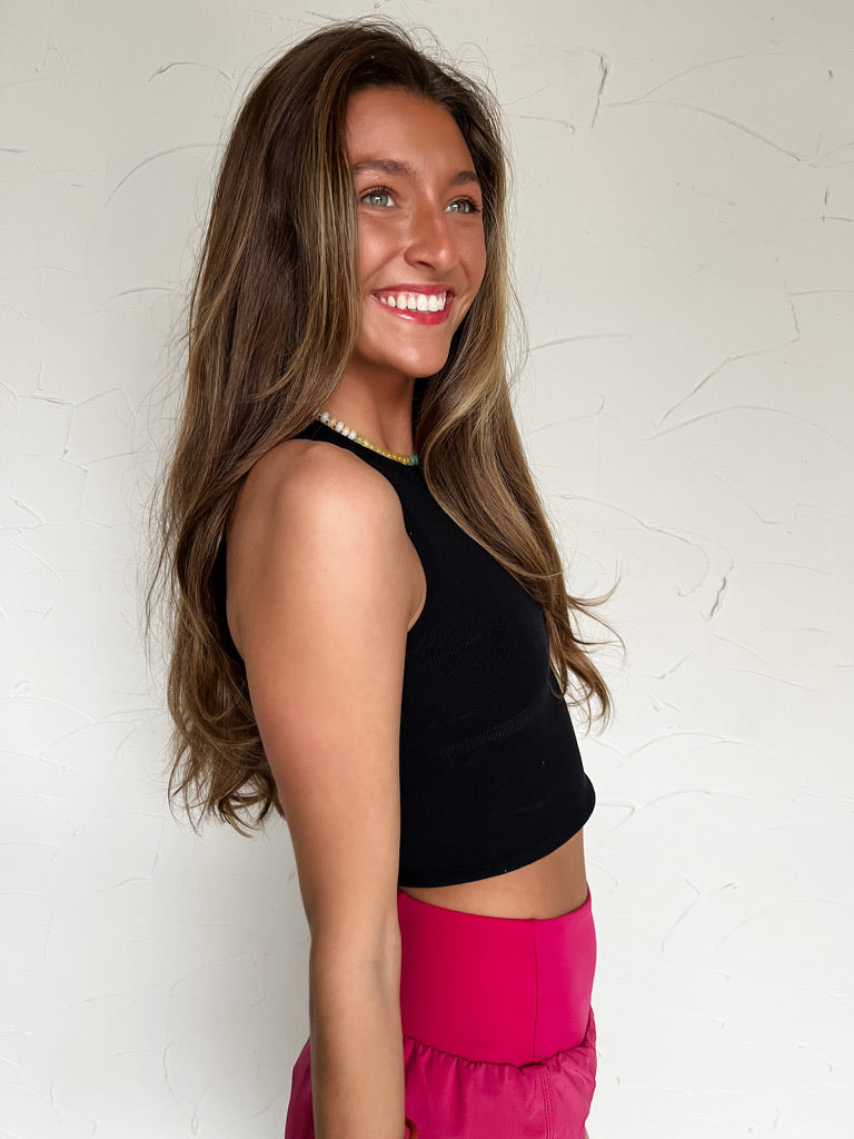 Stay On Beat Ribbed Tank- Black