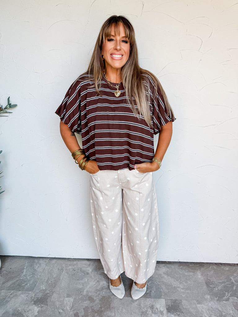 The Good Life Scallop Bubble Hem Top- Brown