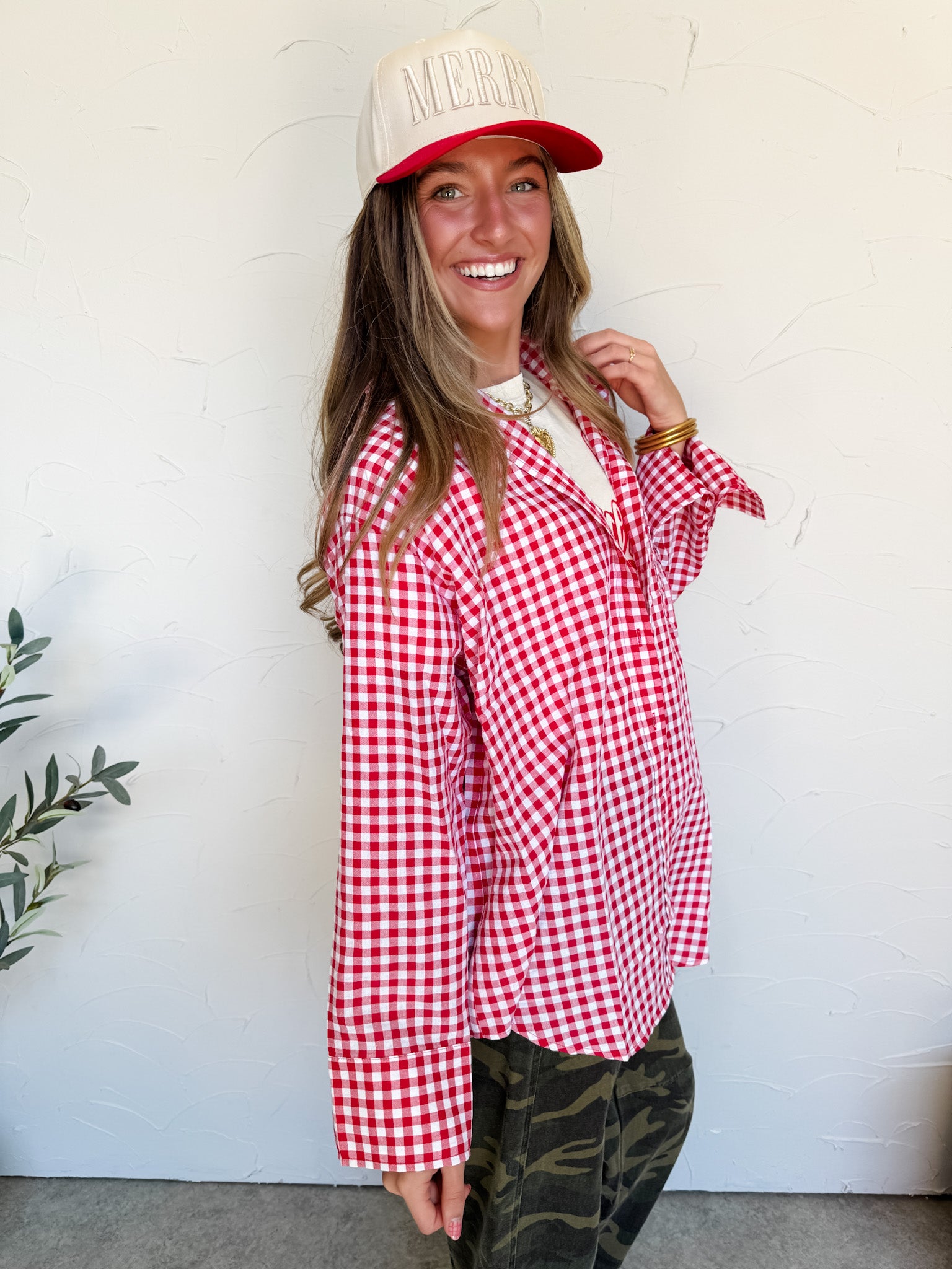 Suddenly Fine Ruby Oversized Gingham Button Down Shirt