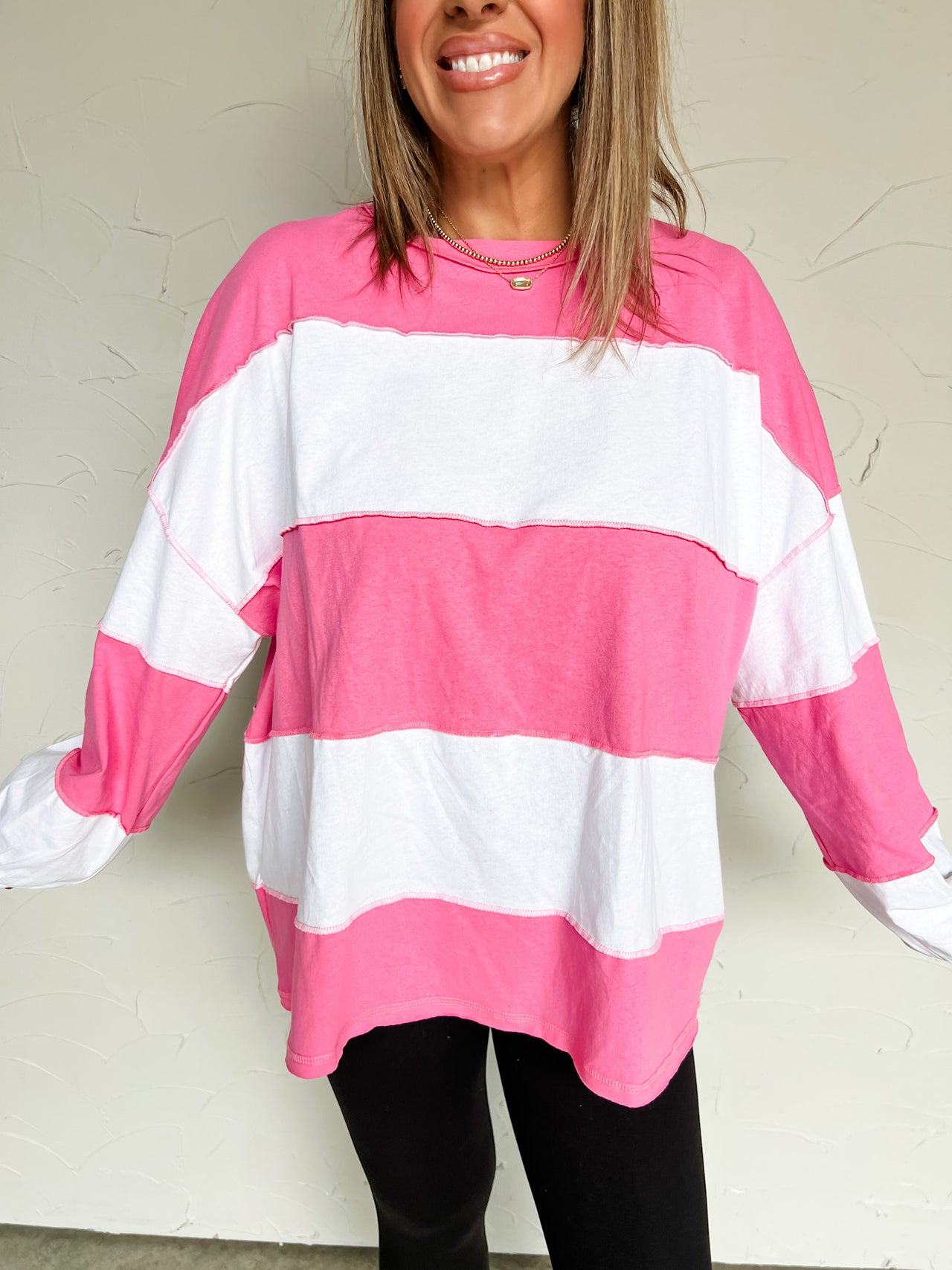 Love In Every Layer Contrast Panel Pullover- Pink White