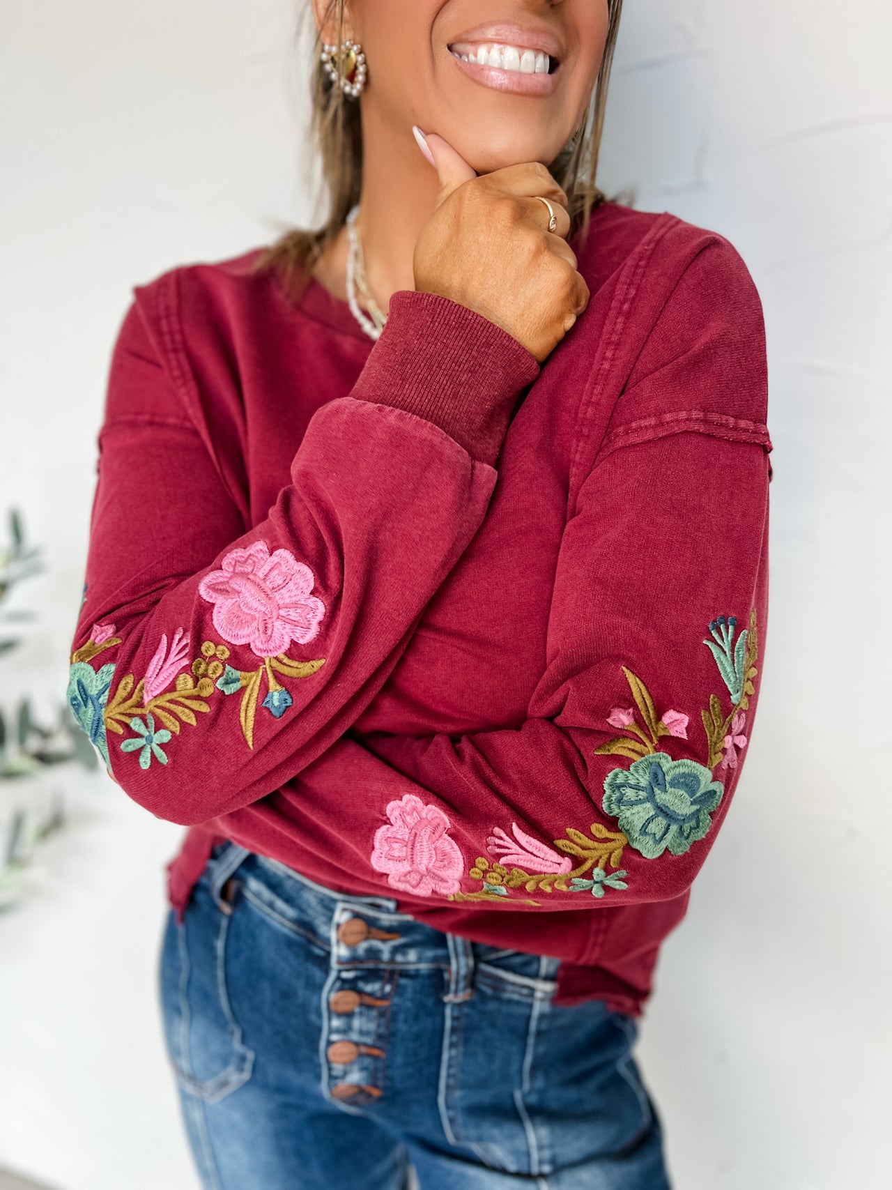 Just A Theory Floral Embroidered Mineral Wash Top- Wine