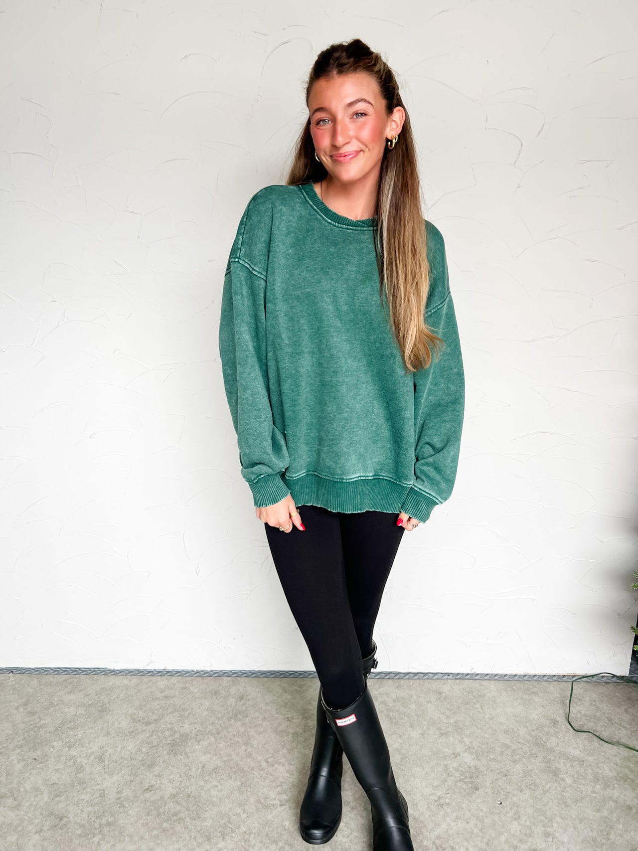 Get To Know Me Acid Wash Fleece Pullover- DK Green