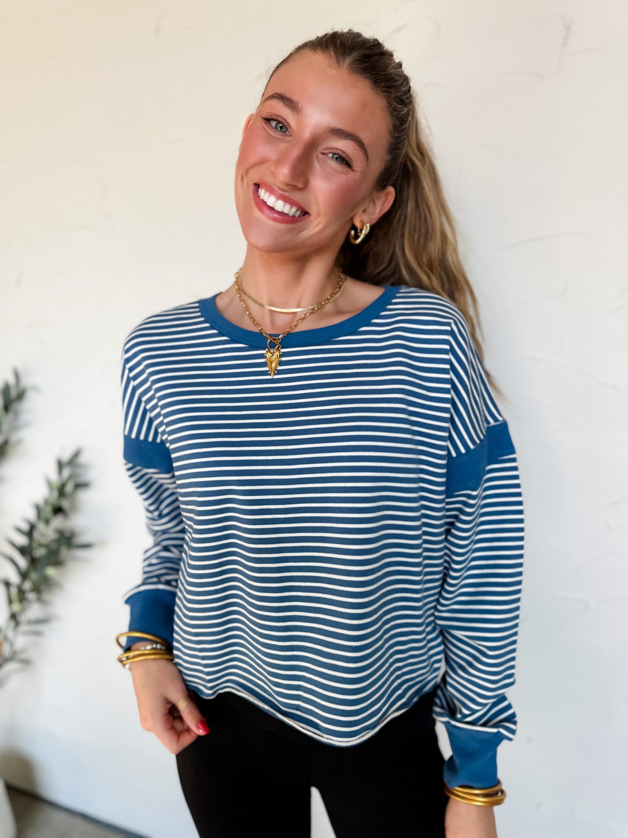 So Dreamy Striped Cutout Back Sweatshirt- Blue/White