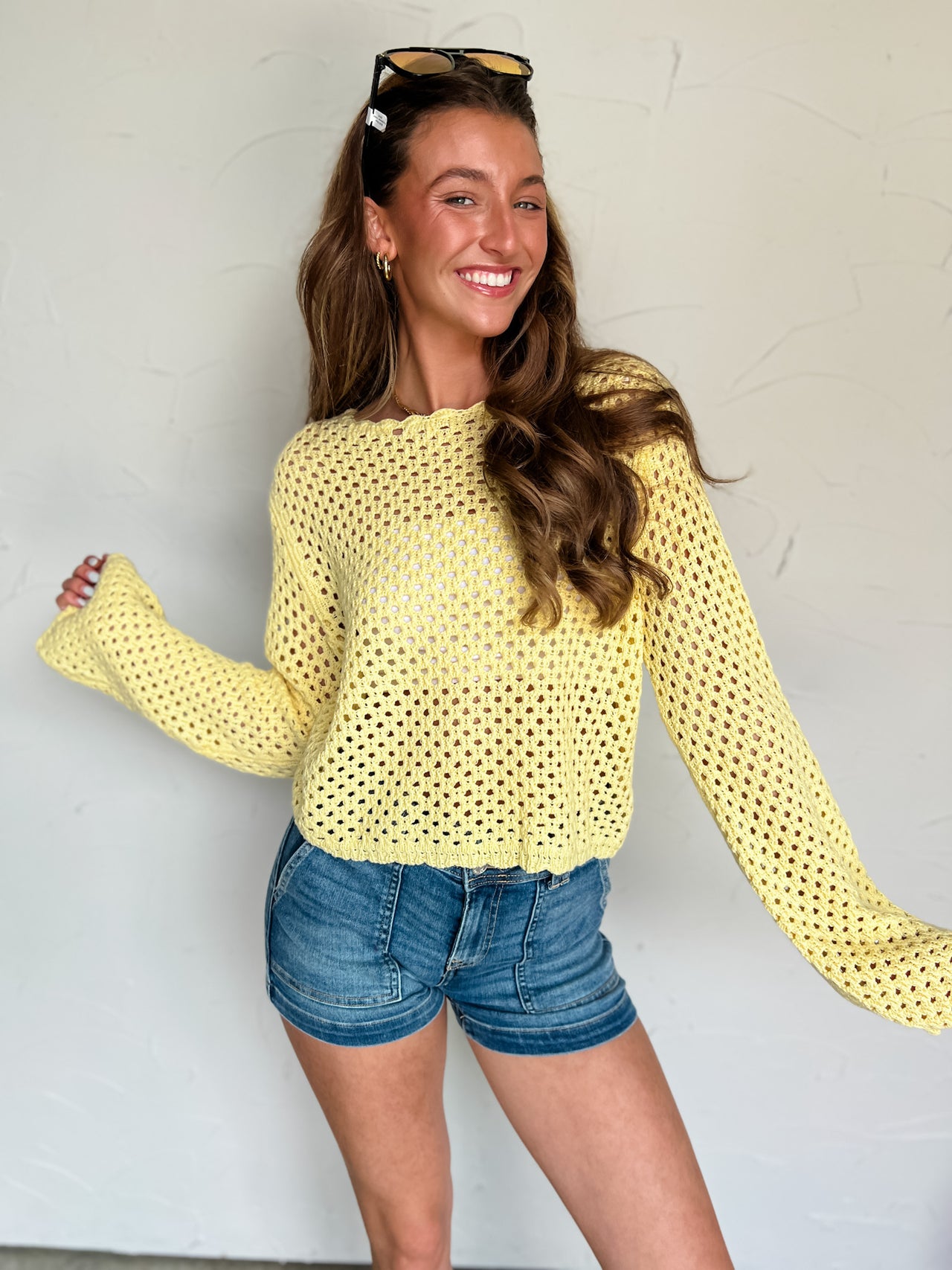 Wish You Were Here Crochet Open Knit Sweater- Butter