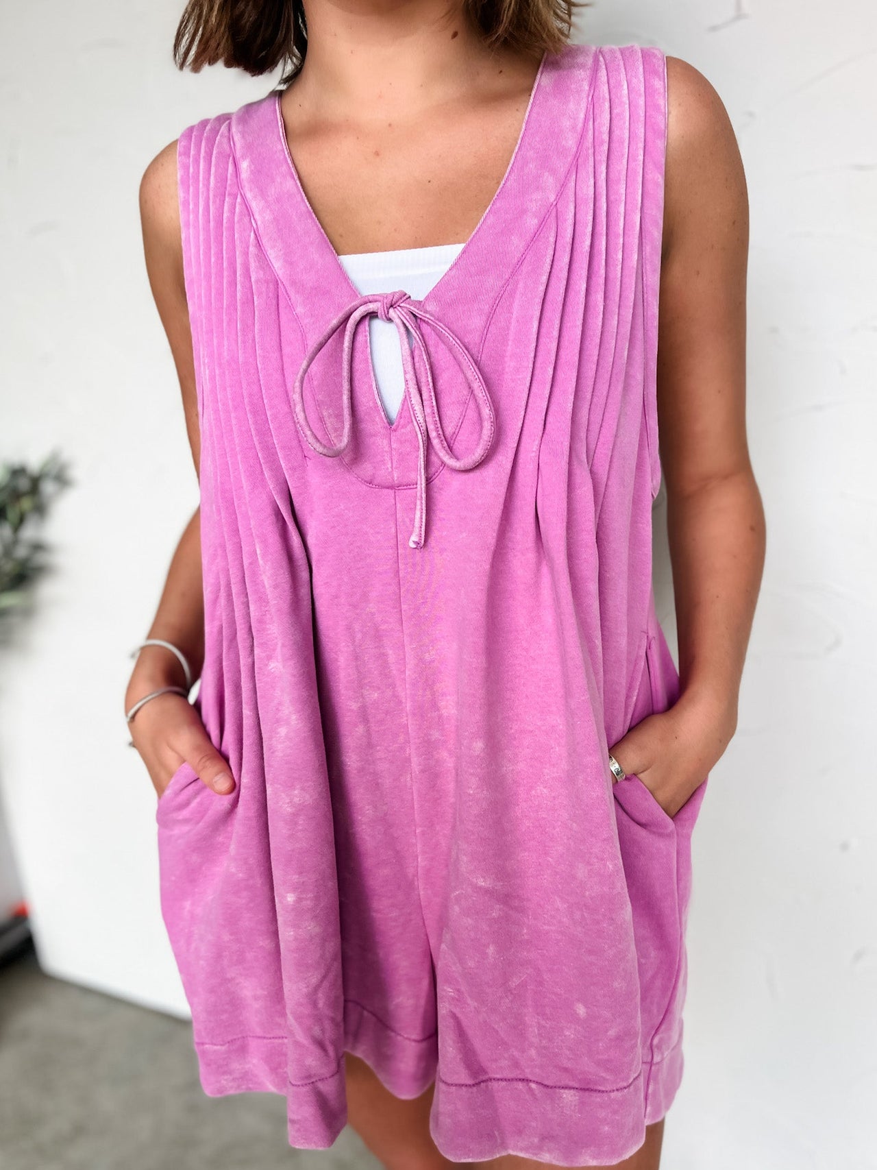 A Perfect Find French Terry V Neck Romper- Purple