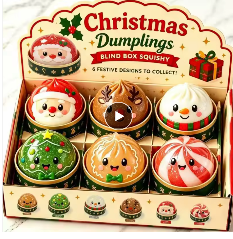 A boxed set of six Christmas-themed squishy dumpling toys displayed in a decorative retail box. The top sign reads 'Christmas Dumplings' and 'Blind Box Squishy,' with illustrations of Santa, a reindeer, snowman, Christmas tree, gingerbread man, and candy cane faces.