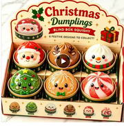 A boxed set of six Christmas-themed squishy dumpling toys displayed in a decorative retail box. The top sign reads 'Christmas Dumplings' and 'Blind Box Squishy,' with illustrations of Santa, a reindeer, snowman, Christmas tree, gingerbread man, and candy cane faces.