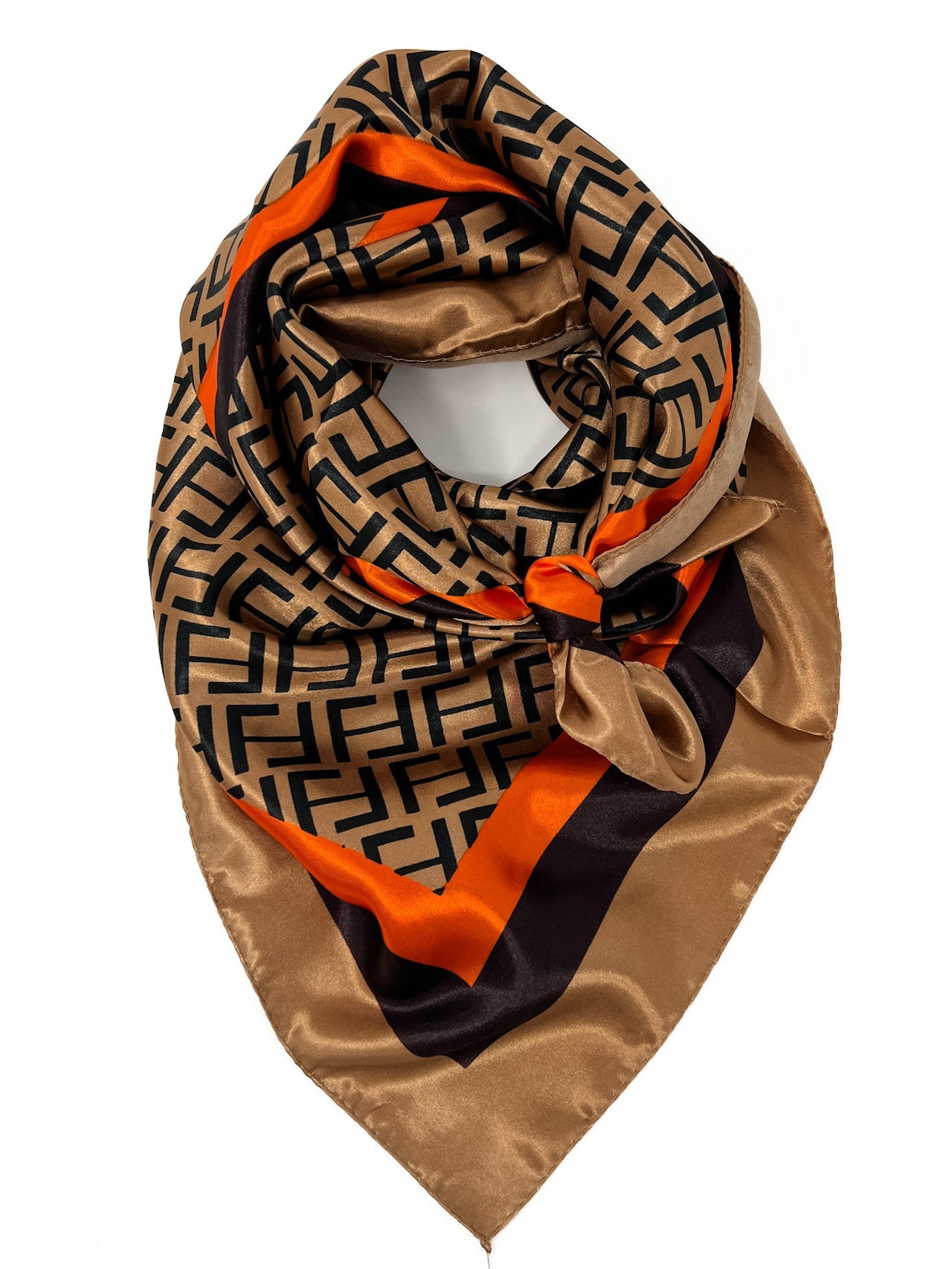 Brown and orange scarf with geometric pattern on a white background