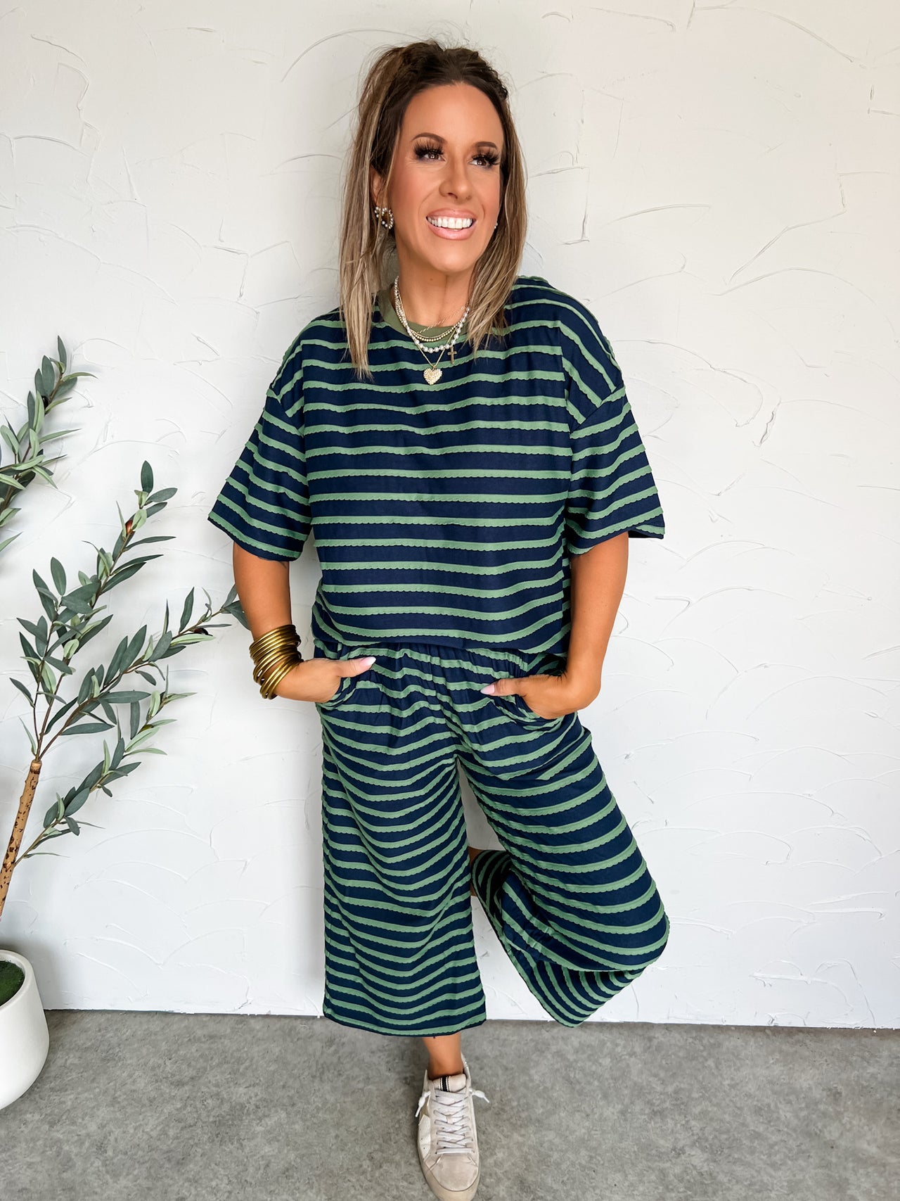 Everyday I'm Chillin' Stripe Lounge Set- Navy/Green