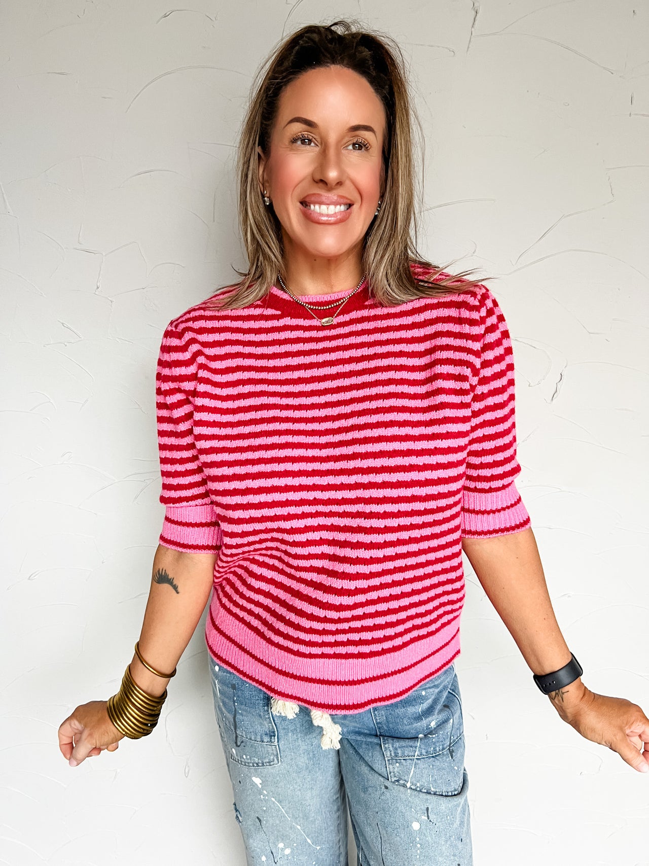 Give Me The Truth Striped Pointelle Sweater- Red/Pink