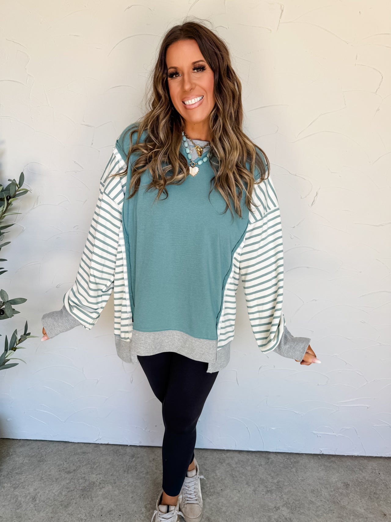In No Hurry Oversized Striped Casual Knit Top- Sage