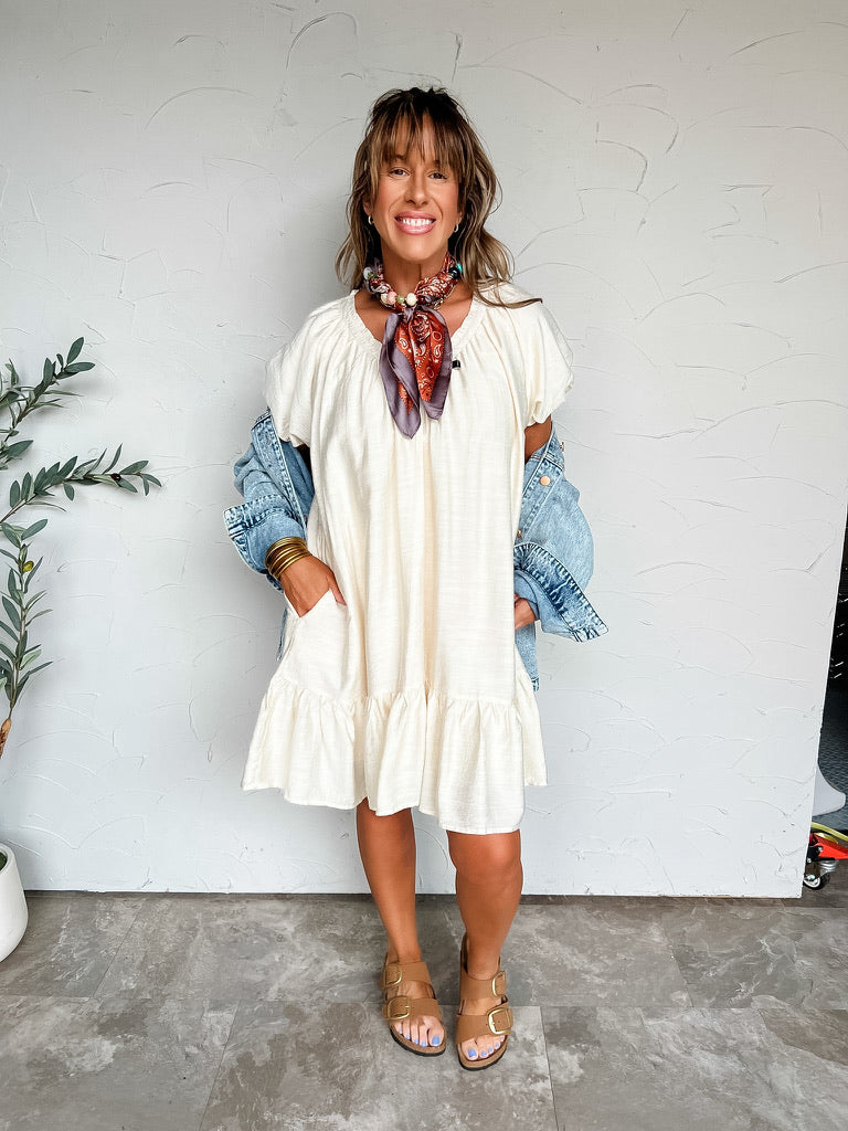 A Vanilla Snack Ruffle Hem Shift Dress
