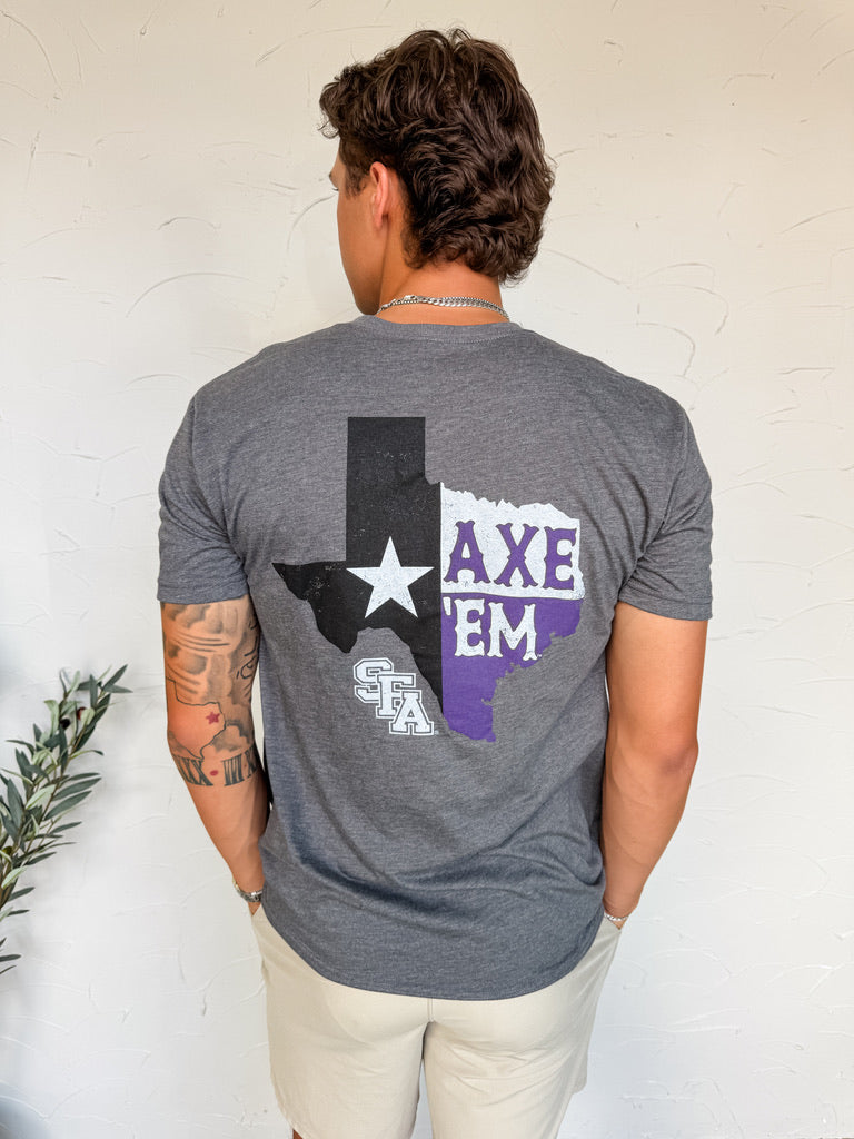 Person wearing a gray t-shirt with a Texas-shaped design and 'AXE 'EM' text on the back.