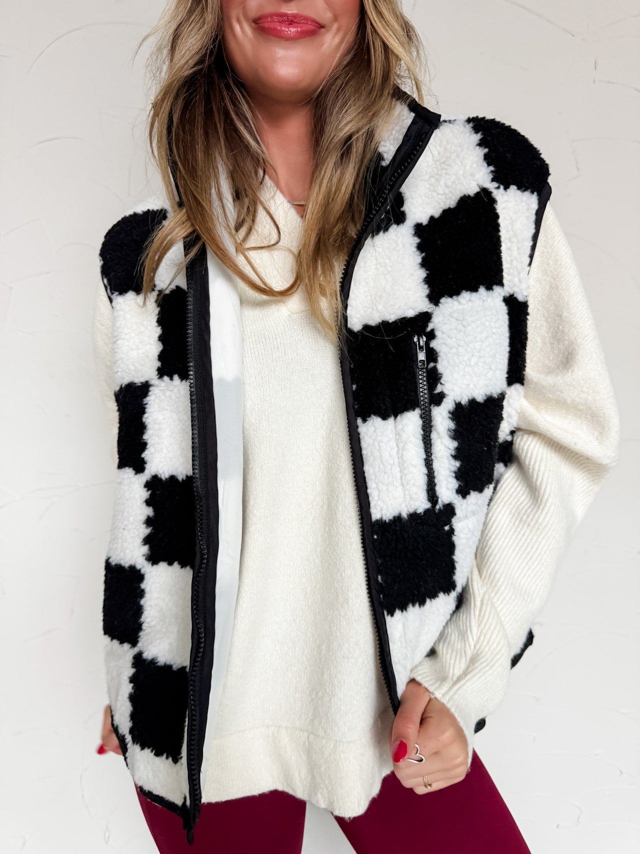 Calm Aura Checked Sherpa Jacket- Black