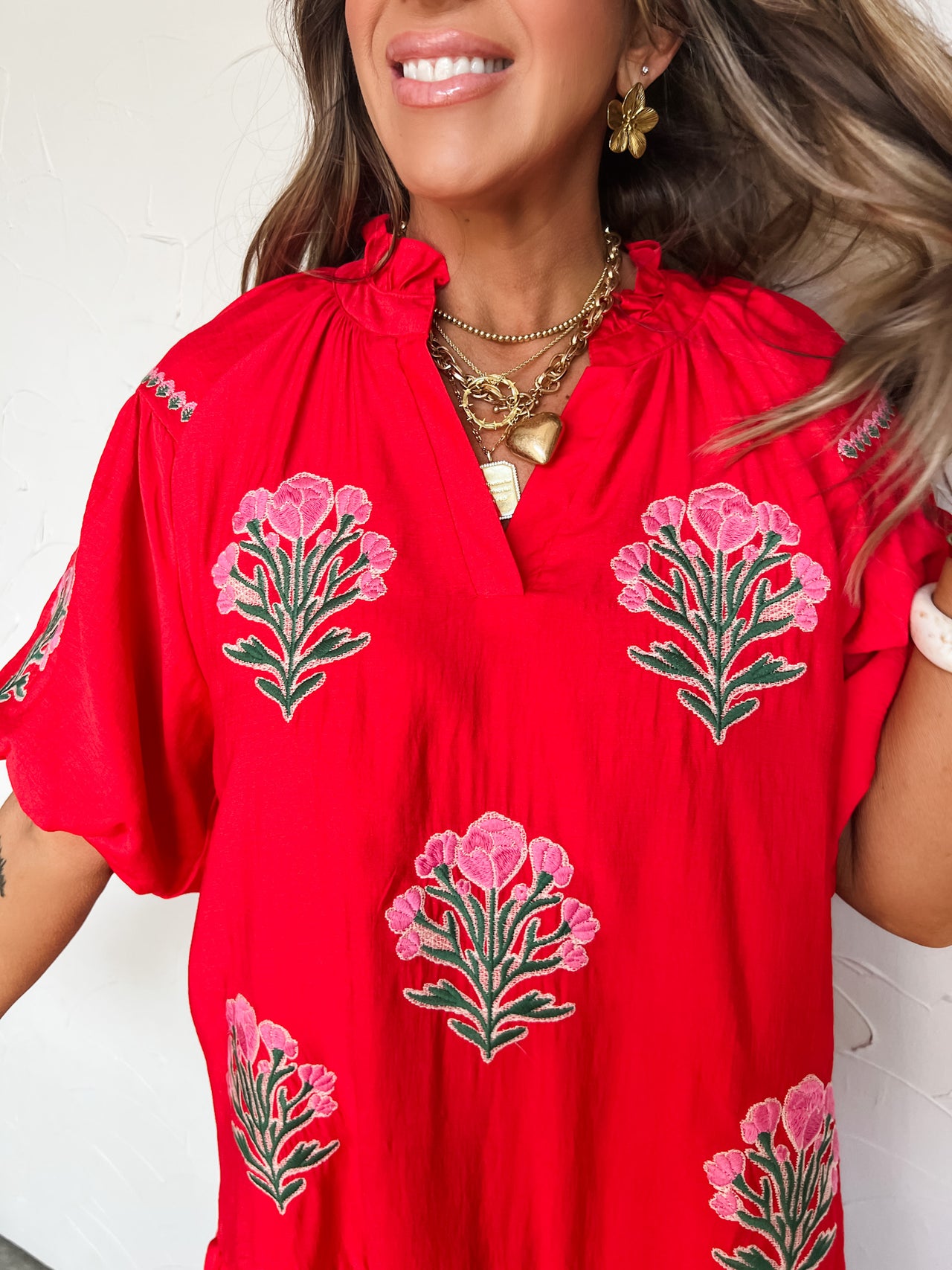 My Wild Flower Boho Floral Embroidered Dress- Cherry Red
