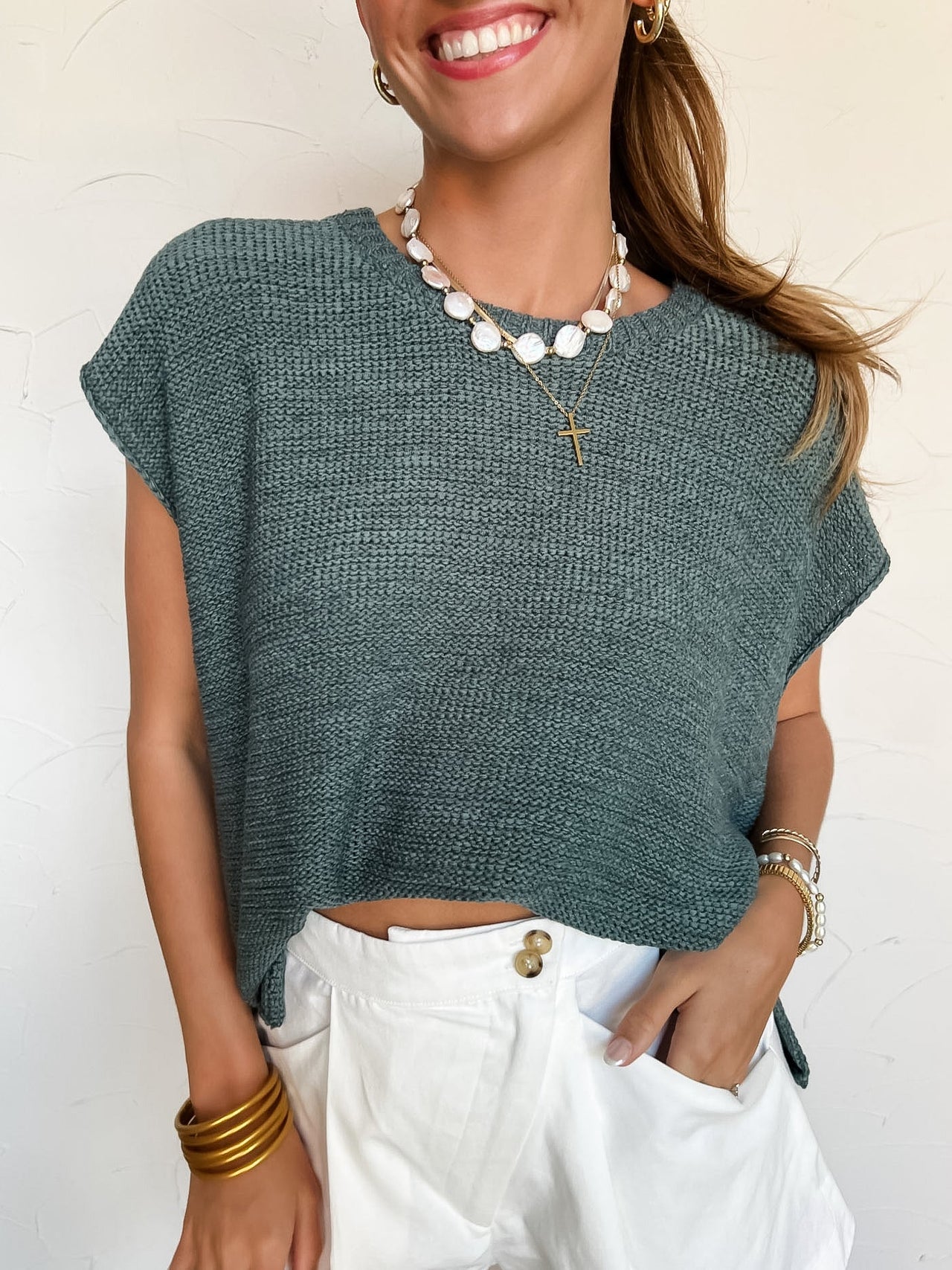 Much To Do Oversized Cutoff Sleeve Knit Top- Ash Jade