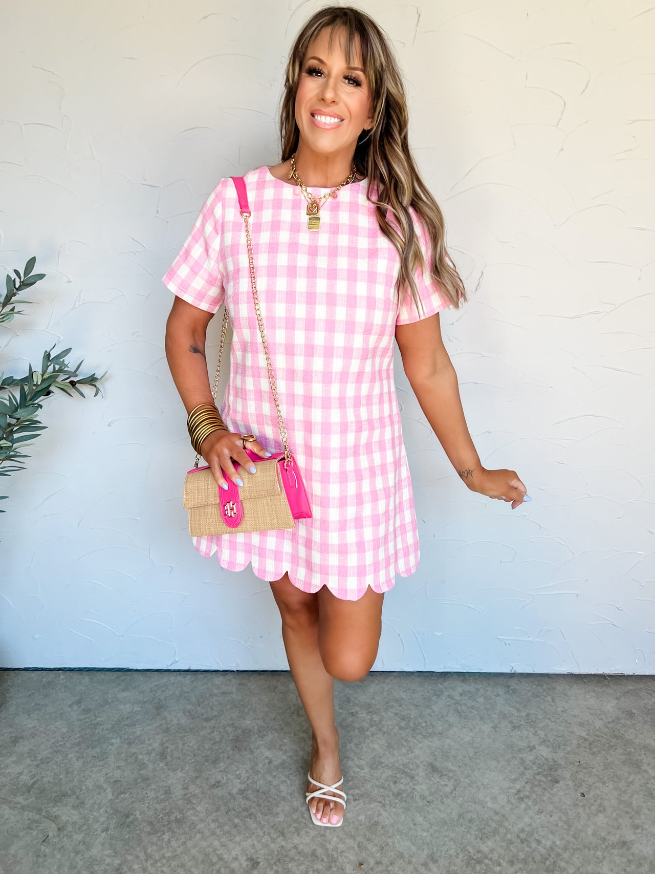 Caught My Eye Scallop Hem Plaid Dress- Pink