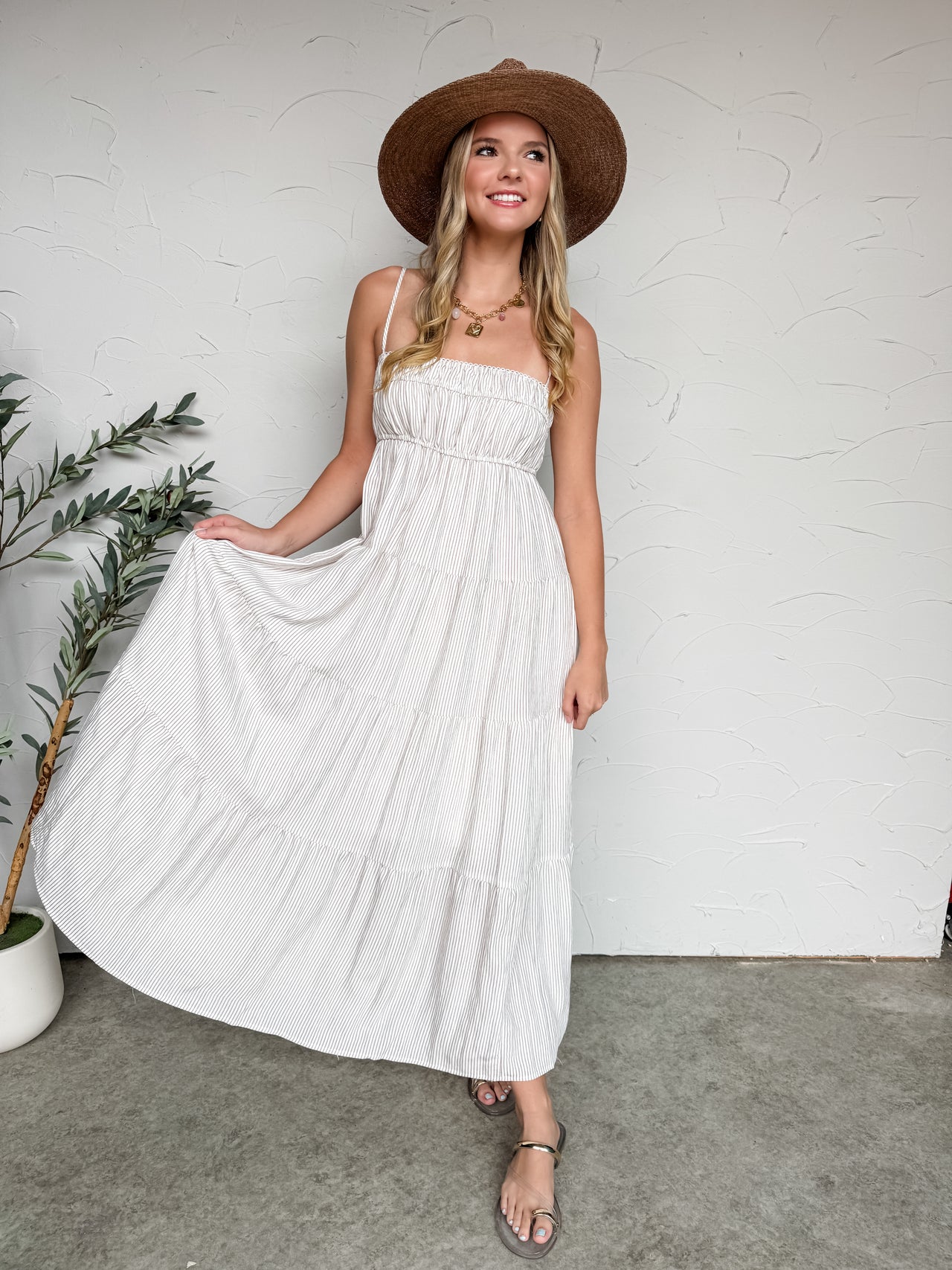 An Easy Yes Stripe Tiered Midi Dress- Mocha