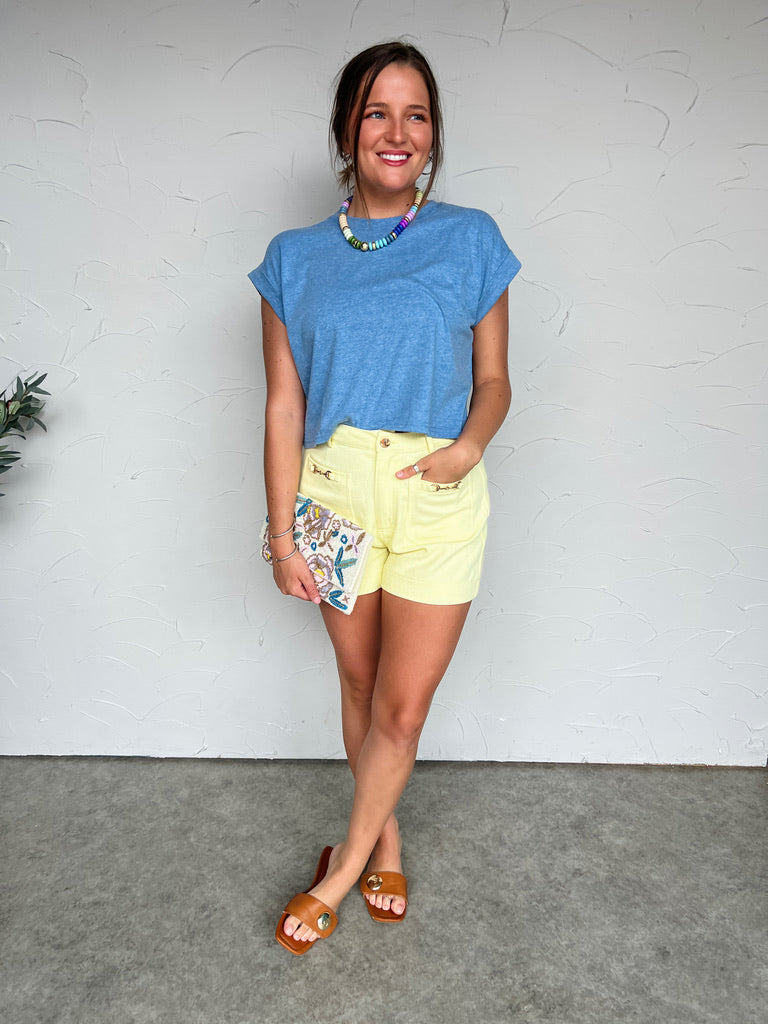 Always Stay Humble Folded Sleeve Cropped Top- Heather Classic Blue