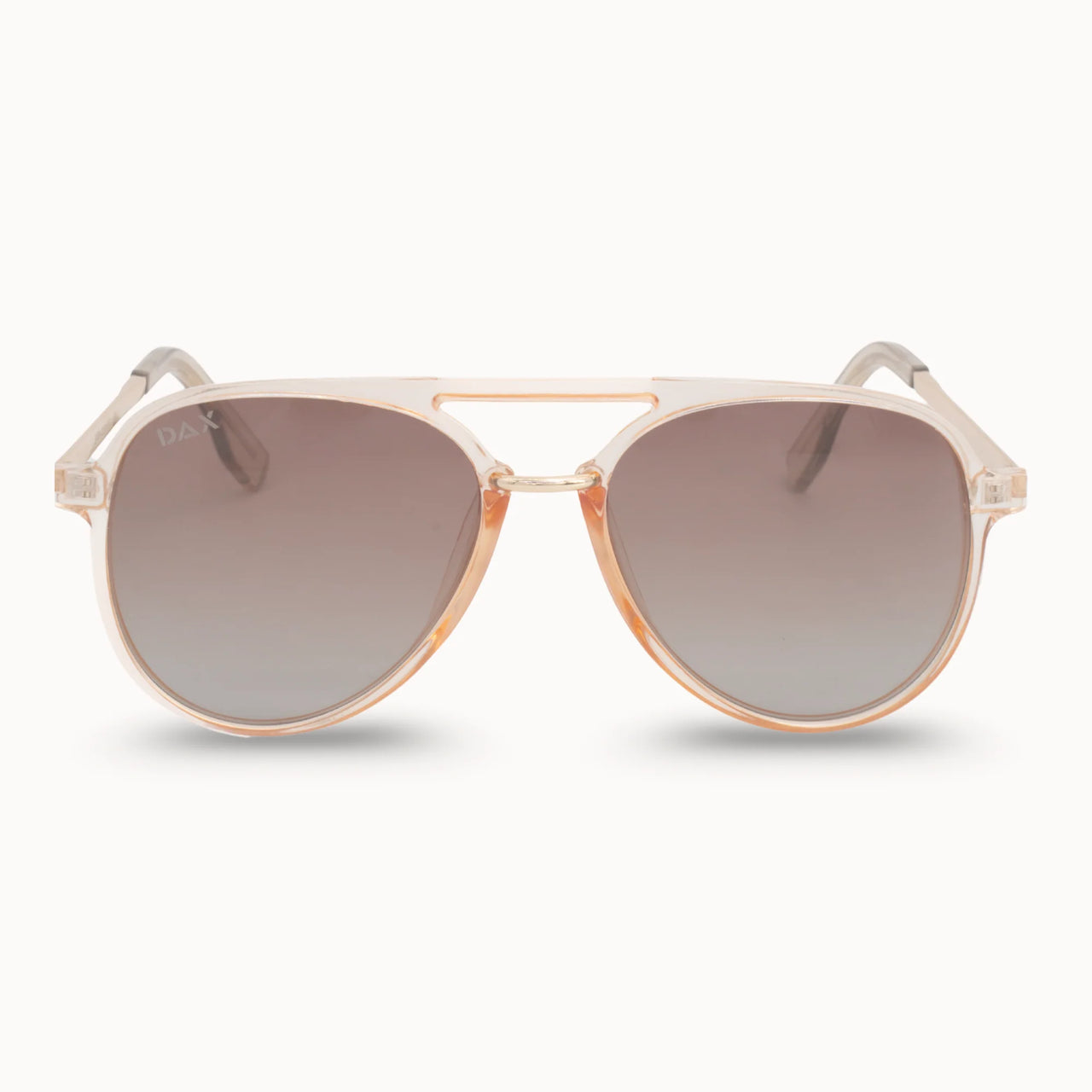 Gold-framed sunglasses with gradient lenses on a white background