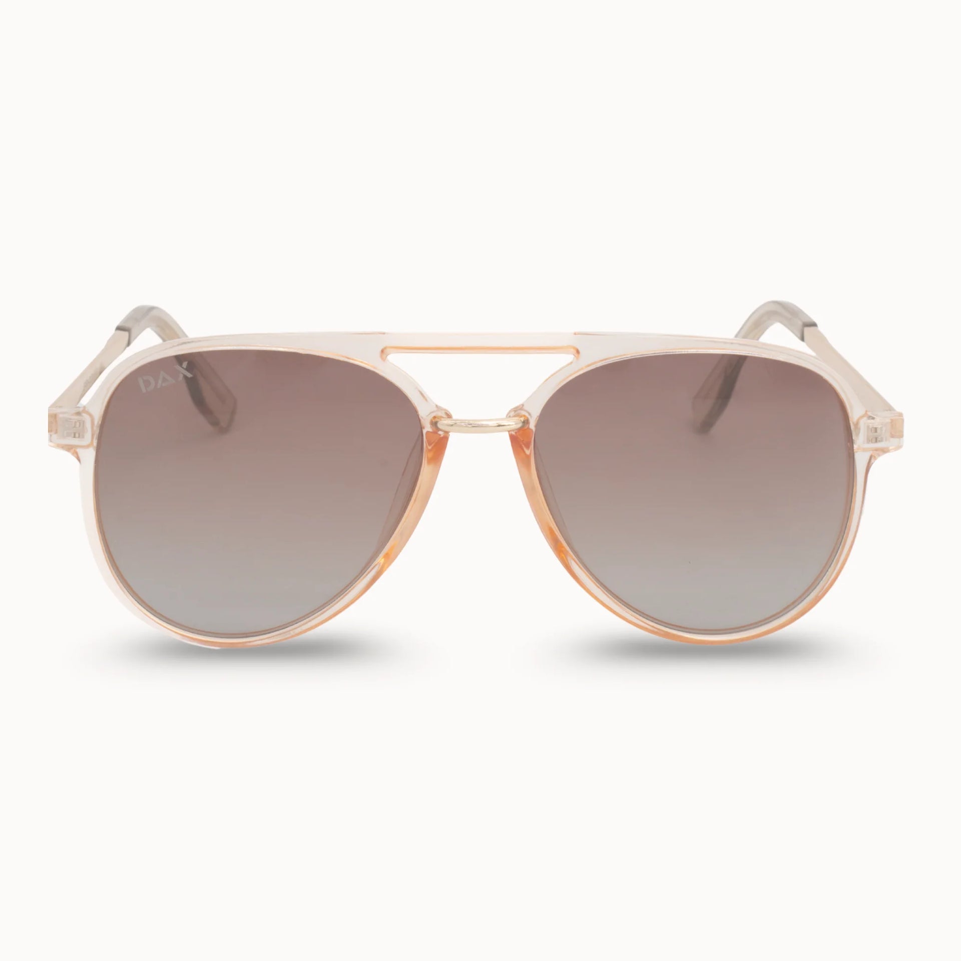Gold-framed sunglasses with gradient lenses on a white background