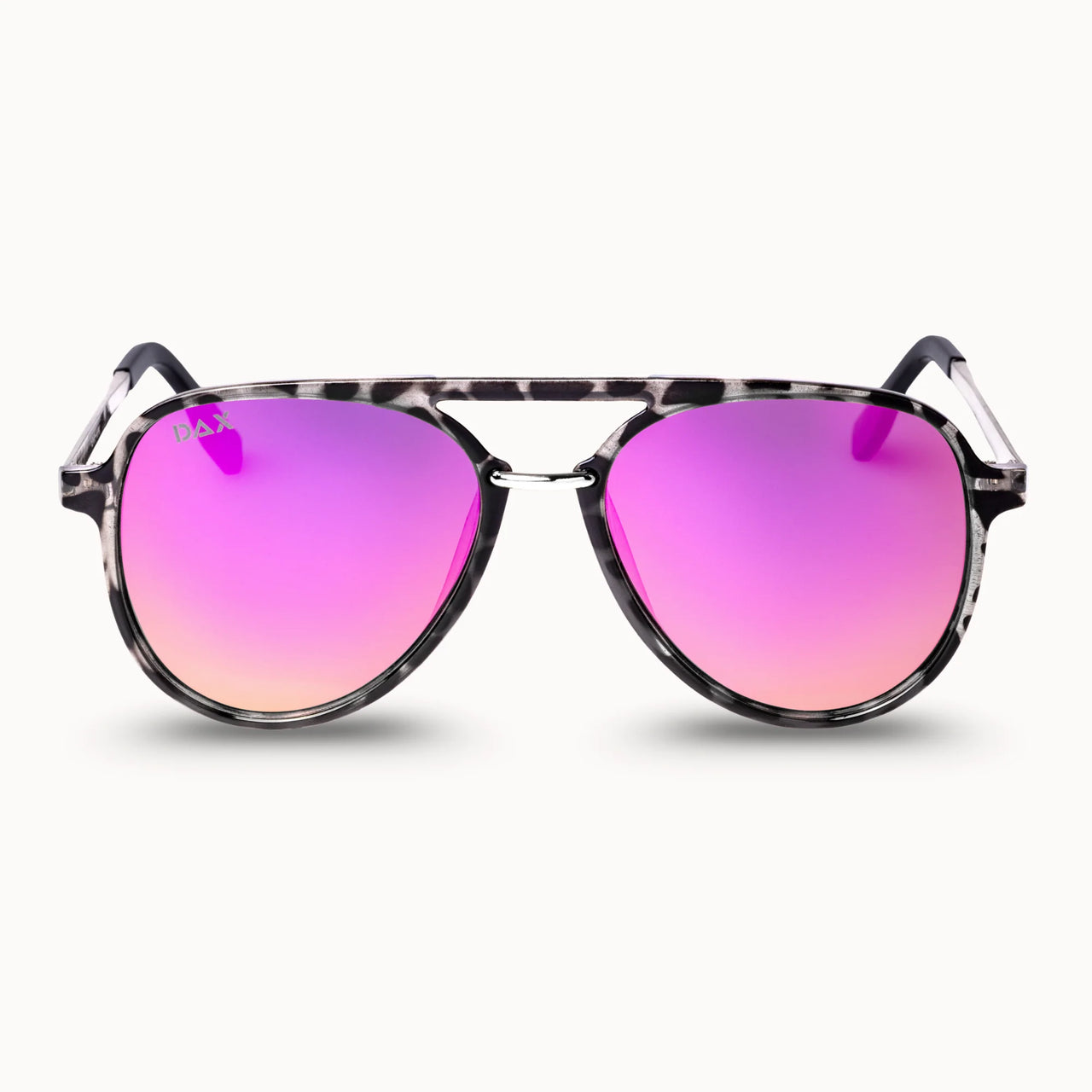 Sunglasses with pink lenses and a patterned frame on a white background