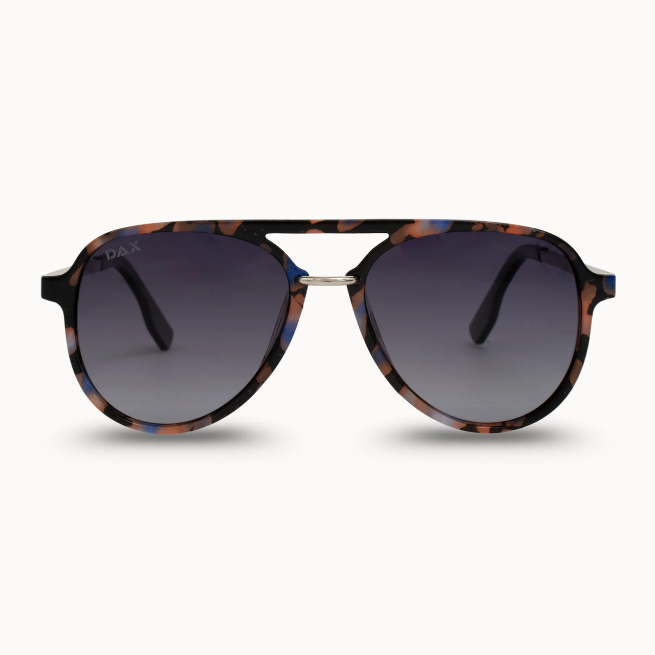 Sunglasses with tortoiseshell frame and dark lenses on a white background