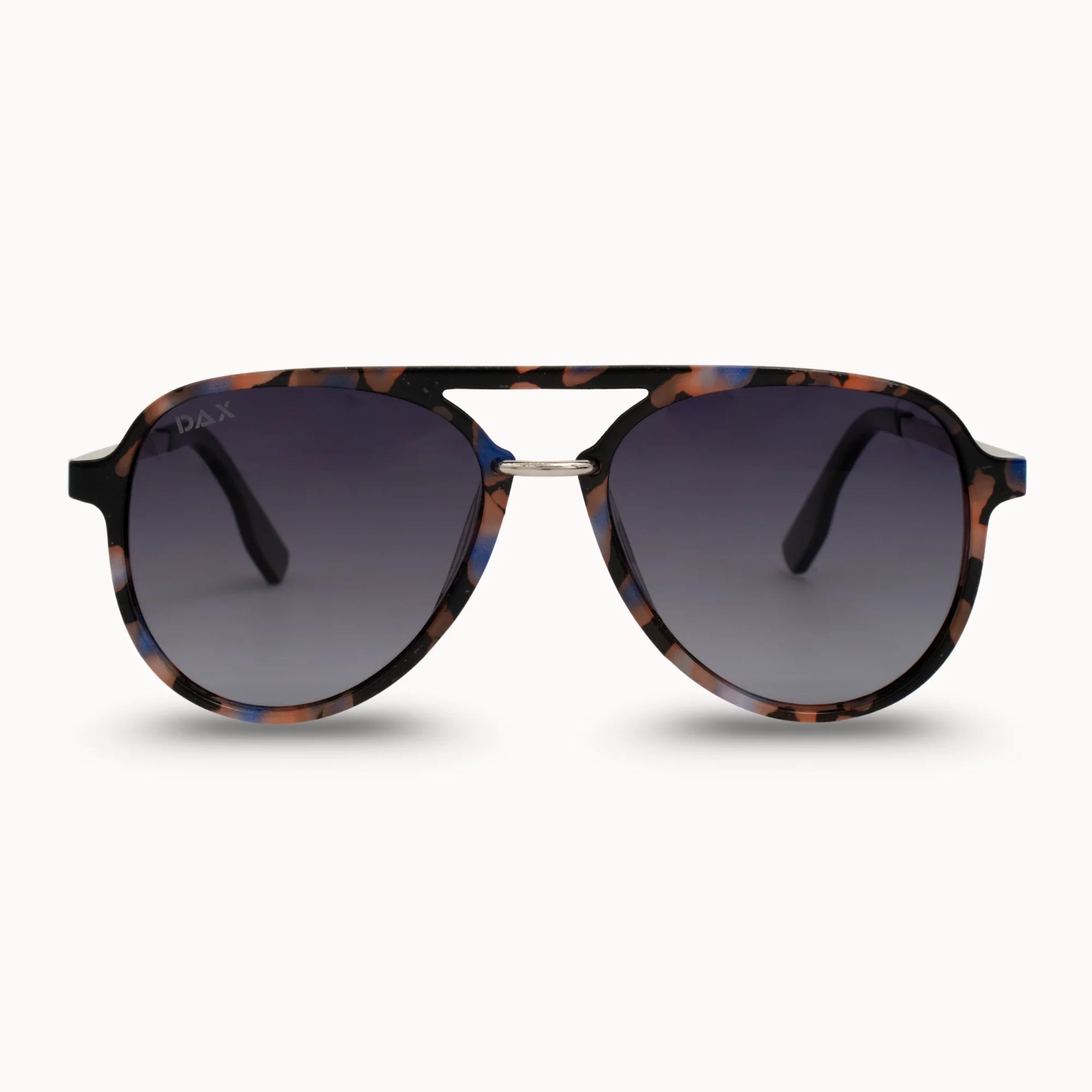 Sunglasses with tortoiseshell frame and dark lenses on a white background
