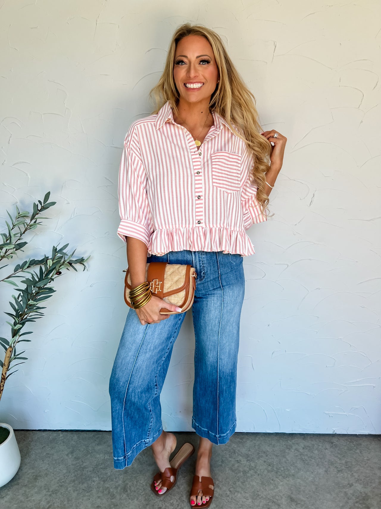 Answer The Call Stripe Button Down Oversized Shirt- Powder Pink