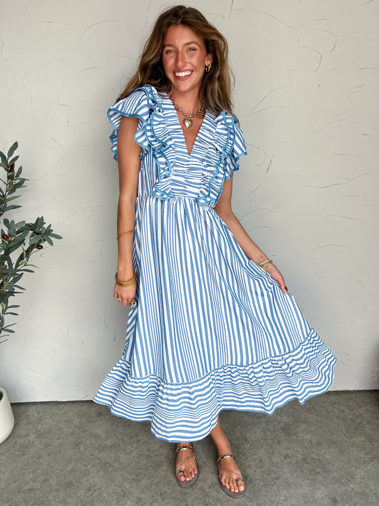 Sweet Cheeks Blue Striped Flowy A Line Midi Dress