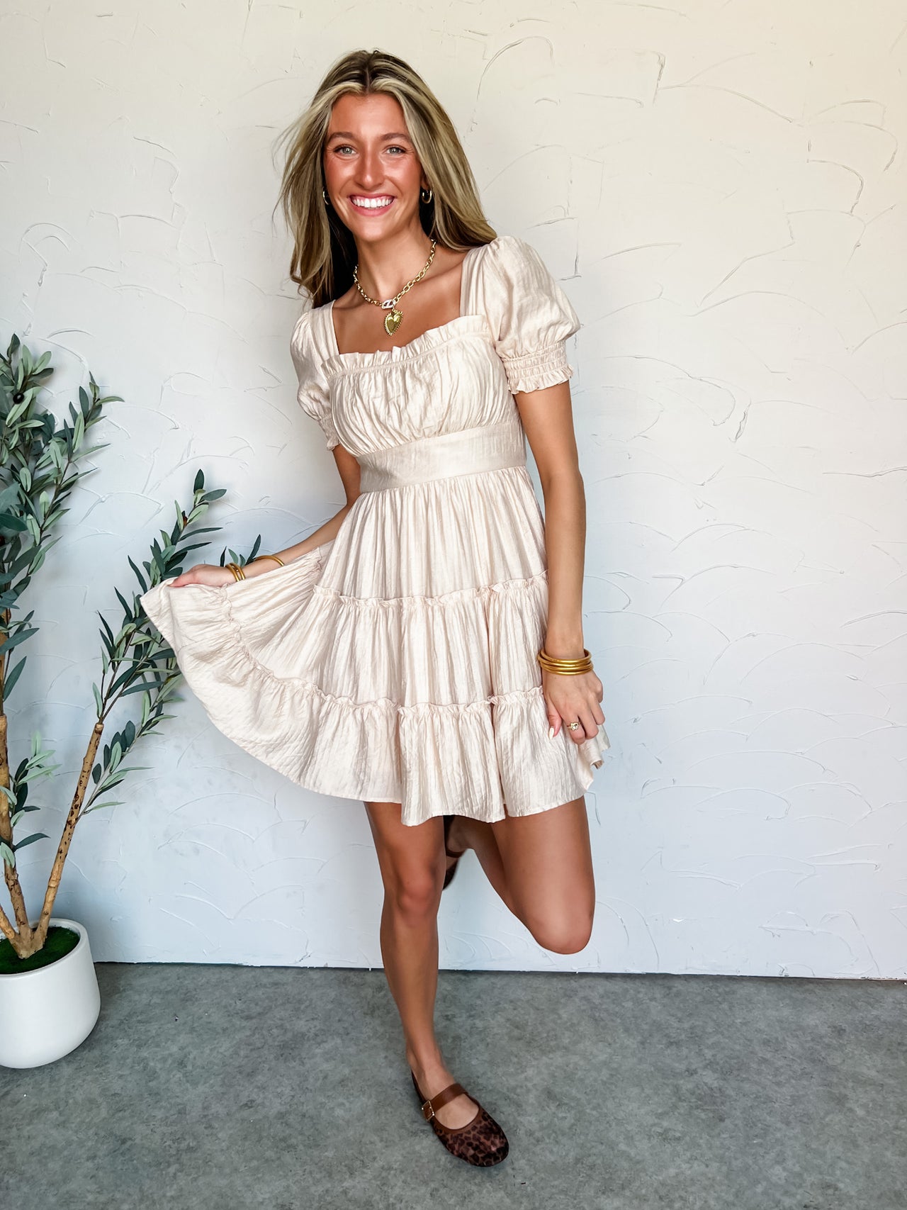 For The Girls Square Neck Tiered Mini Dress- Khaki