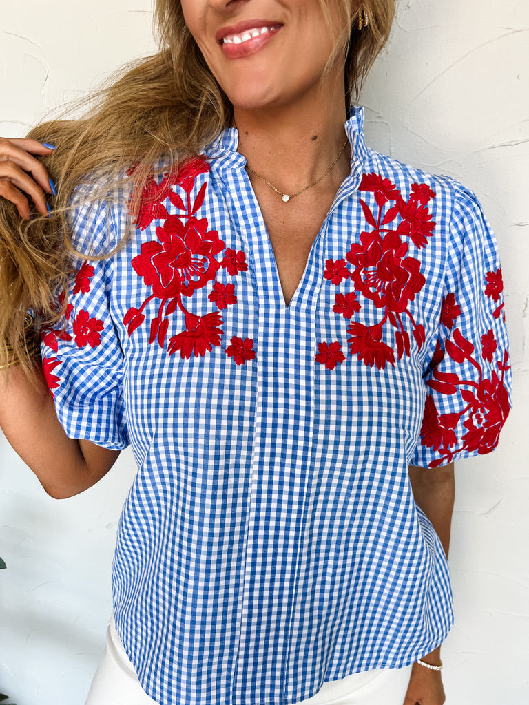 Spring Is Blooming Embroidered Gingham Top