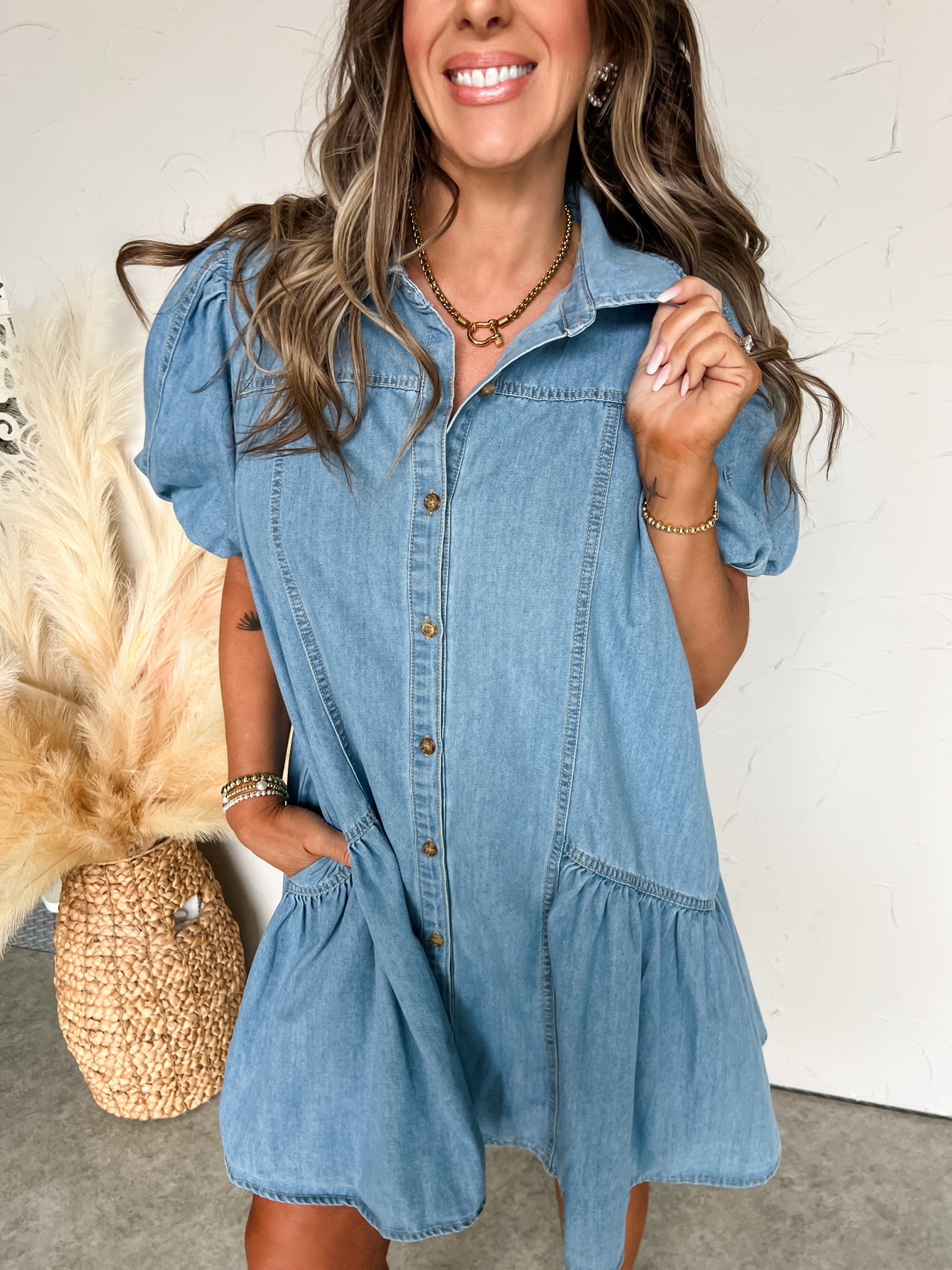 Blue Ocean Waves Puff Sleeve Denim Dress