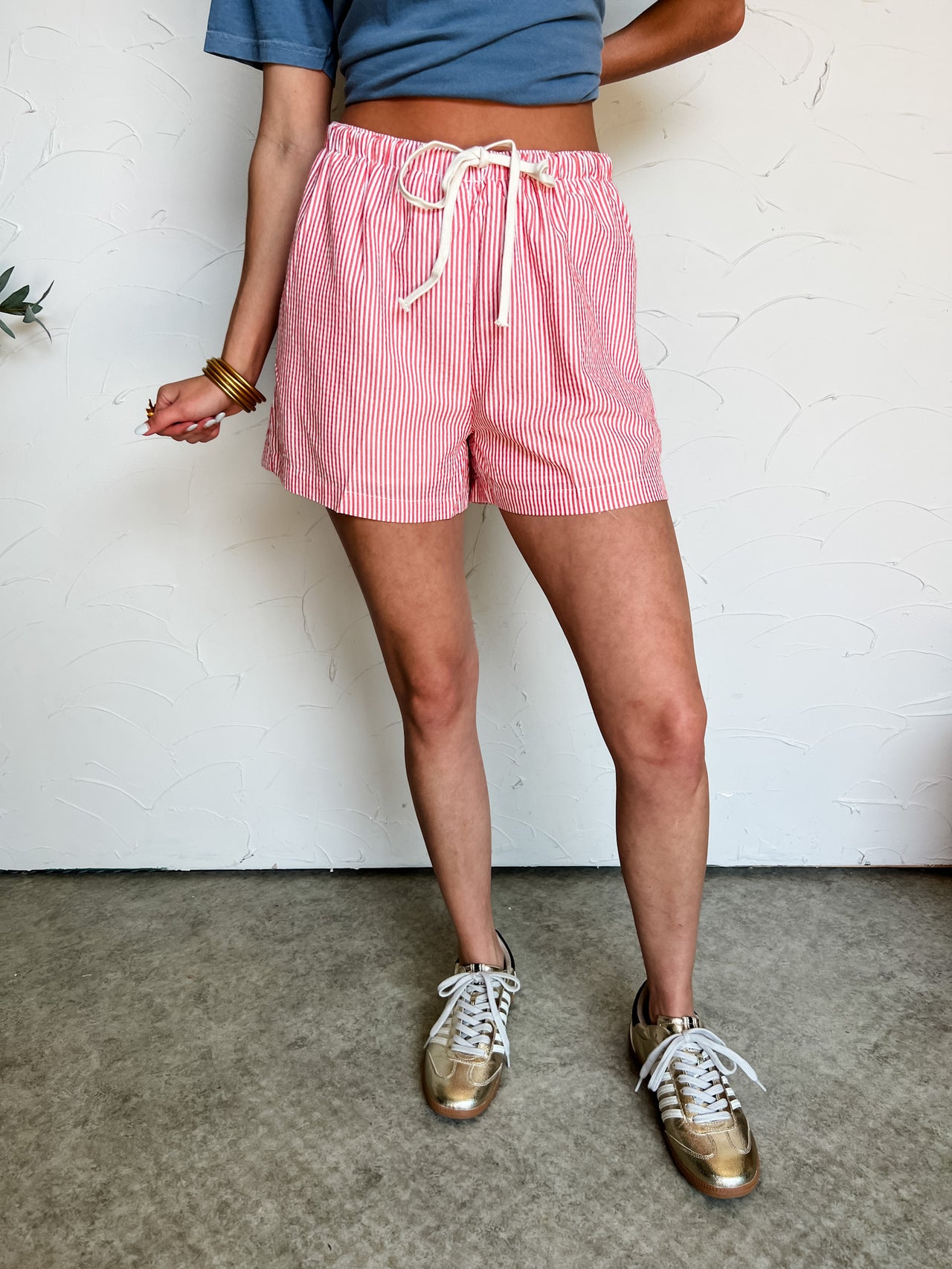 Feeling Your Best Striped Drawstring Shorts- Red